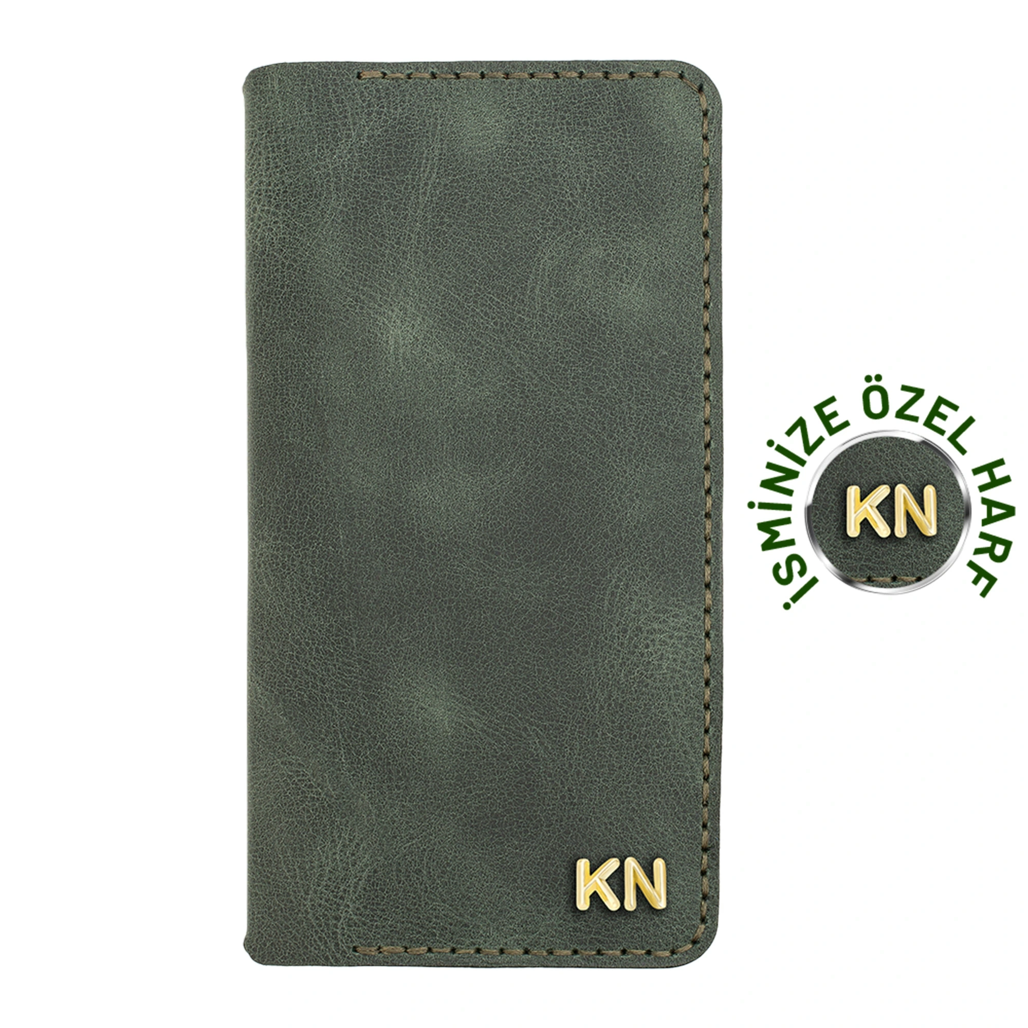 İsme Özel Dikey Uzun Cüzdan - %100 Rainbow Deri - A010007 - Haki