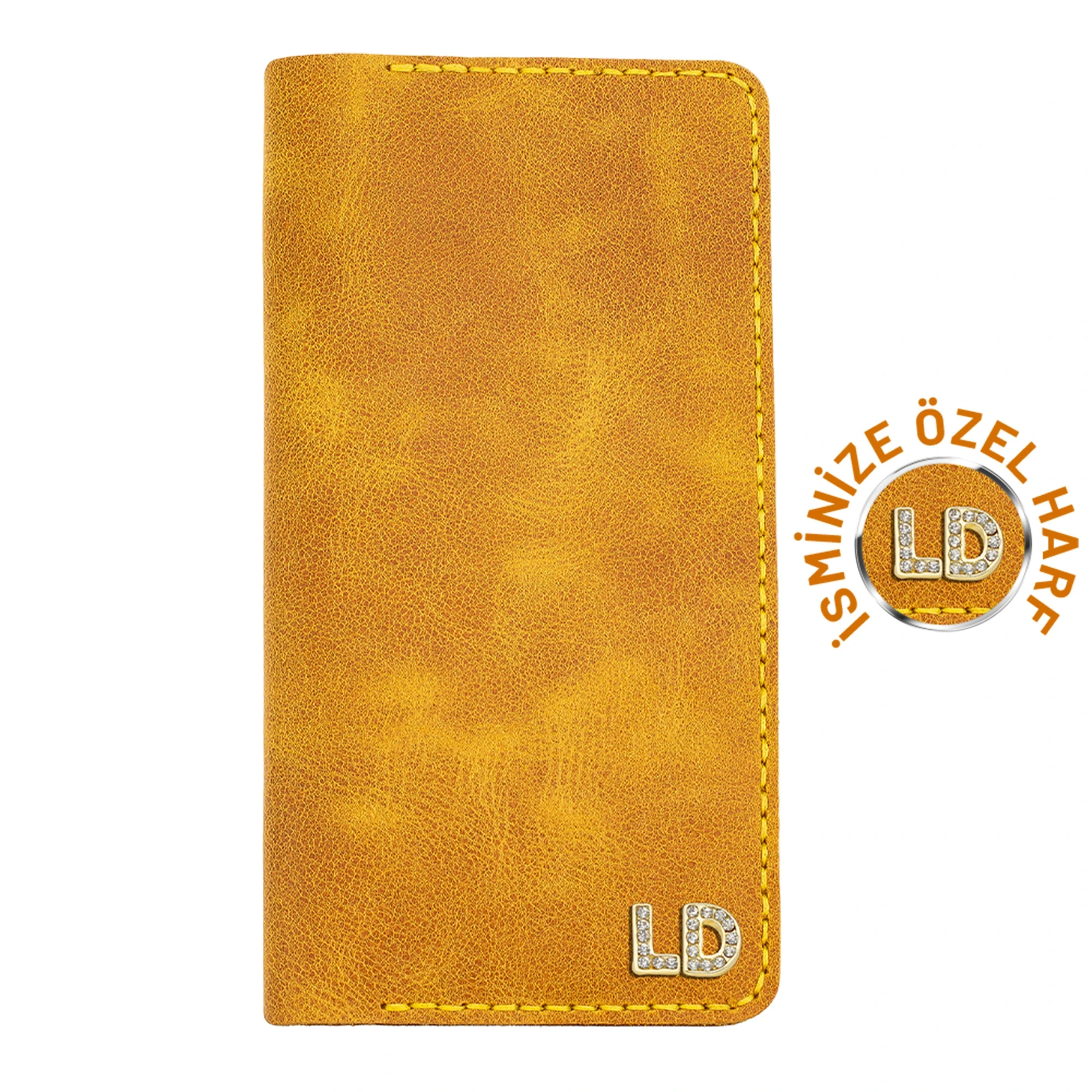 İsme Özel Dikey Uzun Cüzdan - %100 Rainbow Deri - A010007 - Hardal Sarısı