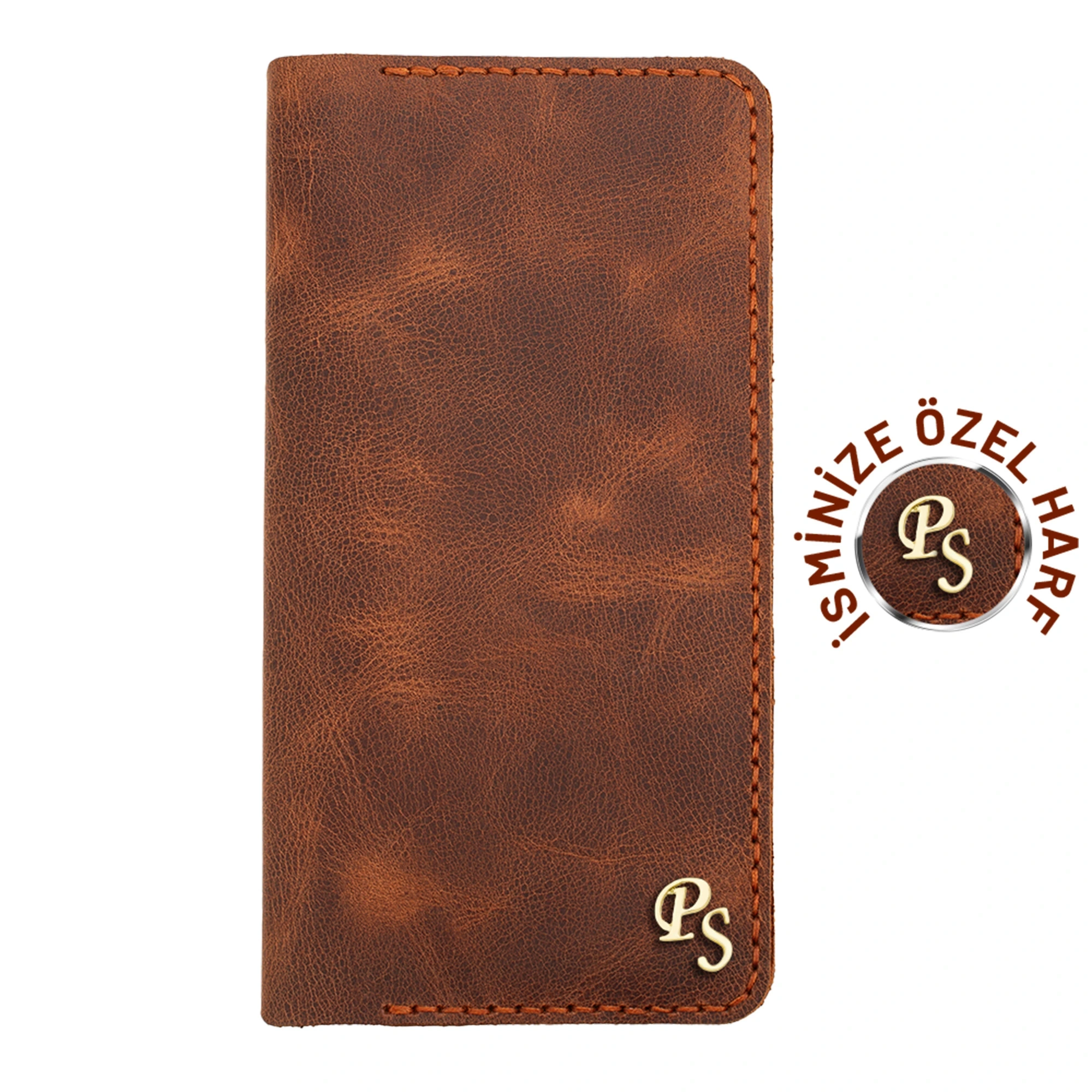 İsme Özel Dikey Uzun Cüzdan - %100 Rainbow Deri - A010007 - Kahverengi
