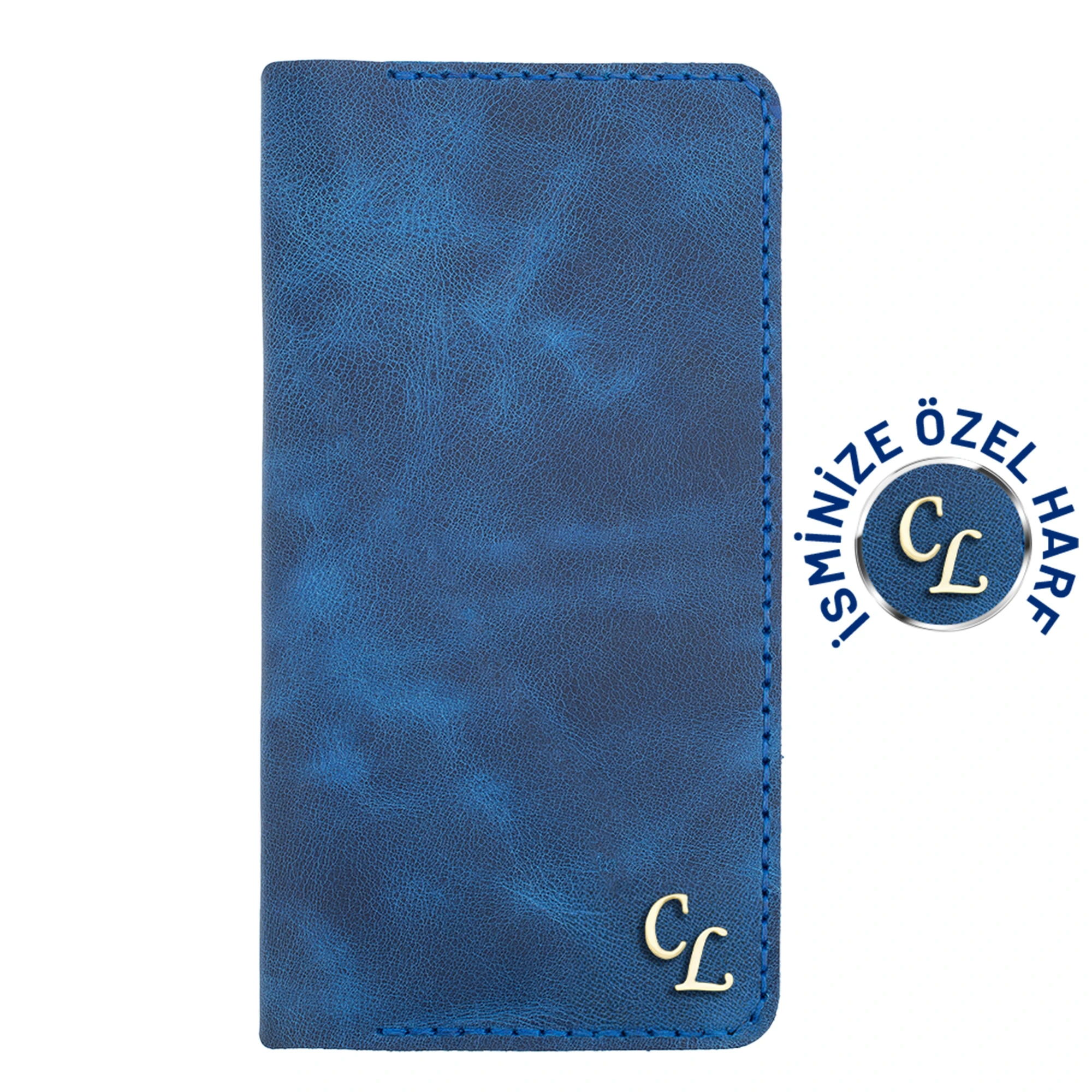 İsme Özel Dikey Uzun Cüzdan - %100 Rainbow Deri - A010007 - Saks Mavisi