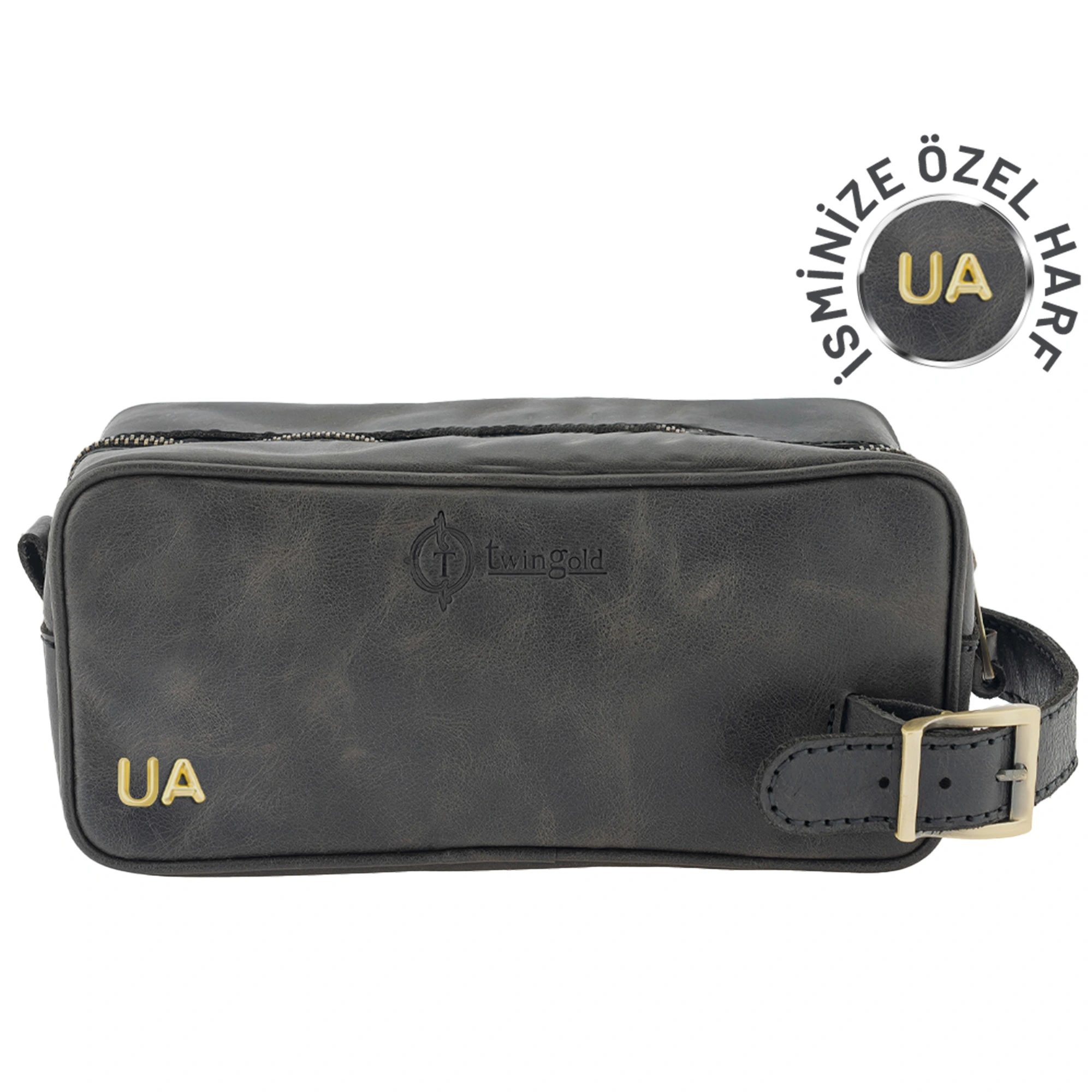 İsme Özel Dopp Kit Kişisel Bakım ve Seyahat Çantası - %100 Rainbow Deri - AC14004 - Antrasit