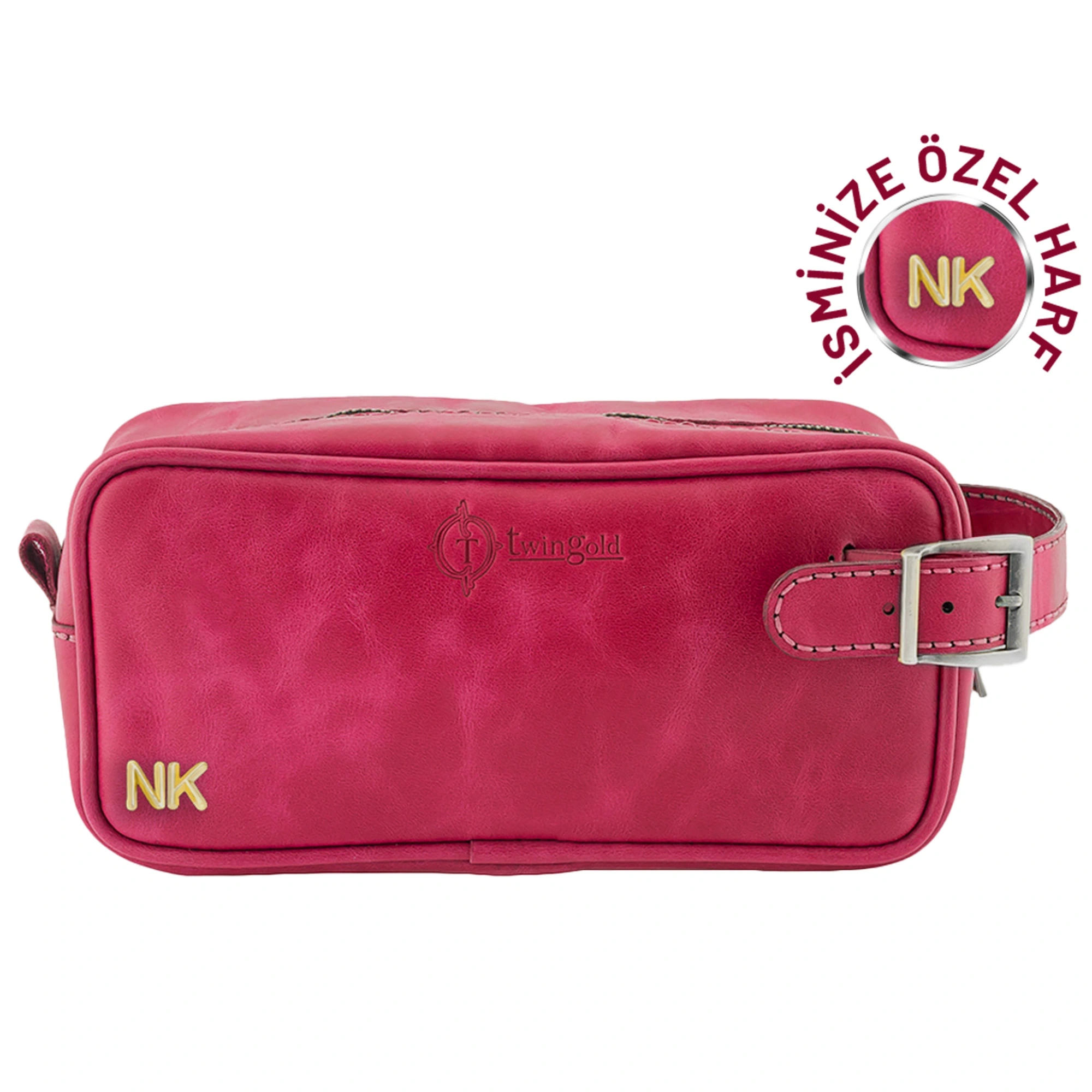 İsme Özel Dopp Kit Kişisel Bakım ve Seyahat Çantası - %100 Rainbow Deri - AC14004 - Fuşya