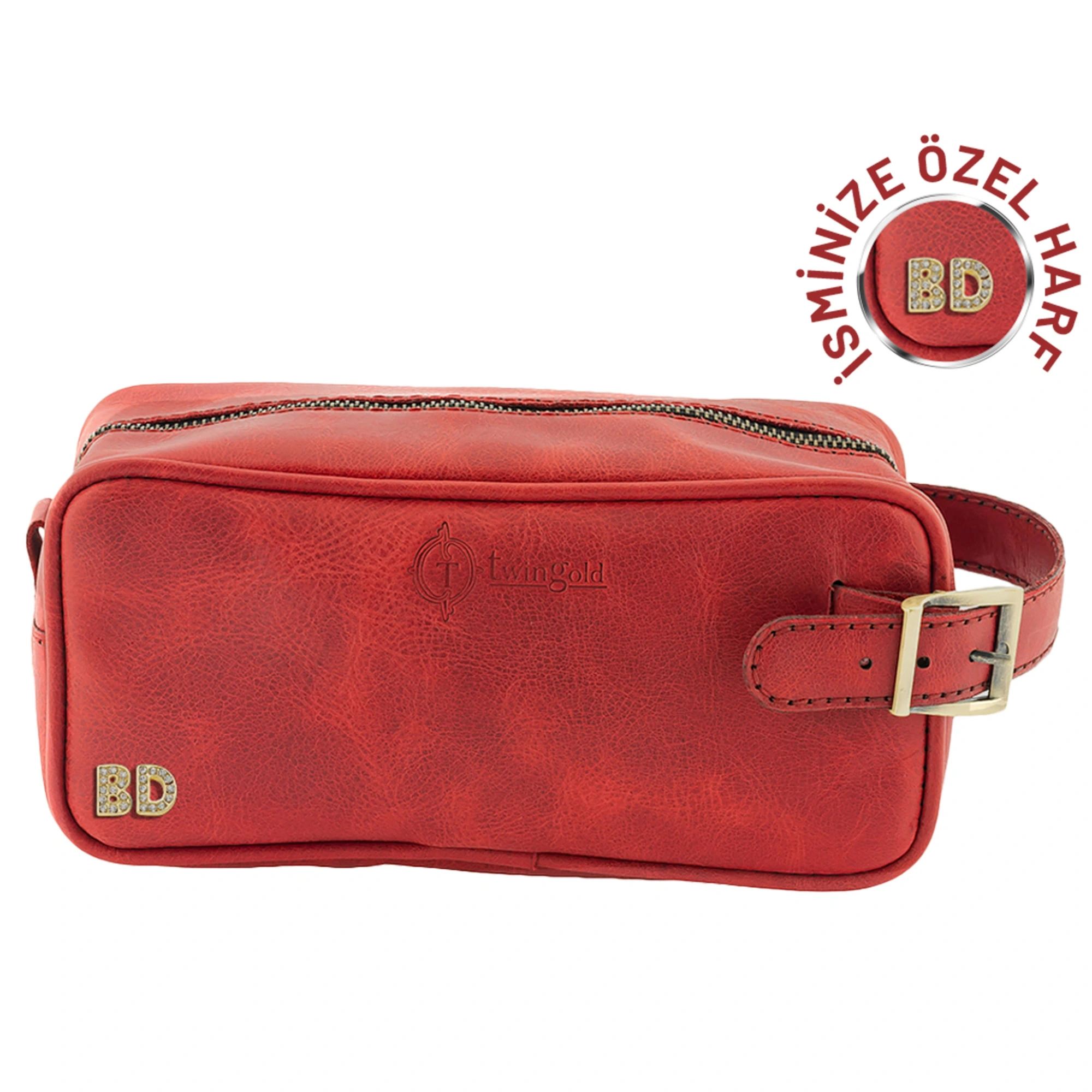 İsme Özel Dopp Kit Kişisel Bakım ve Seyahat Çantası - %100 Rainbow Deri - AC14004 - Kırmızı