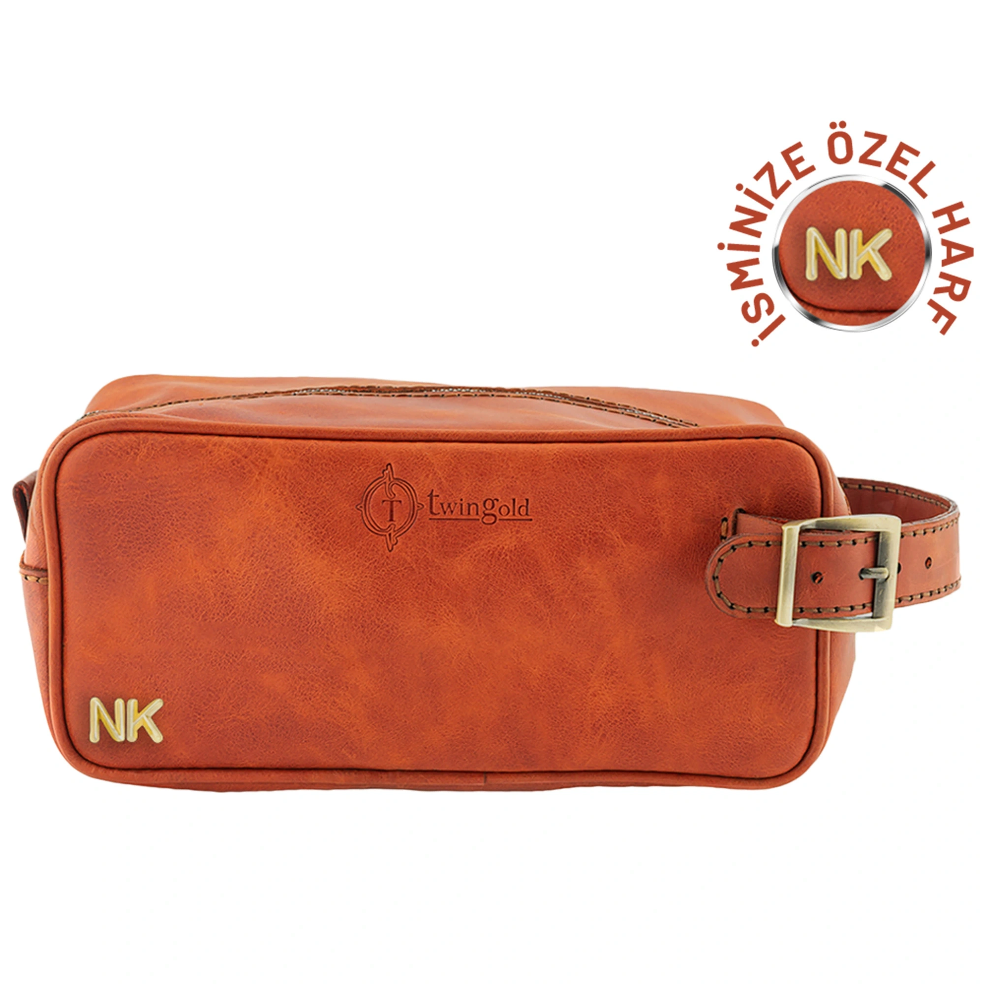 İsme Özel Dopp Kit Kişisel Bakım ve Seyahat Çantası - %100 Rainbow Deri - AC14004 - Tobacco