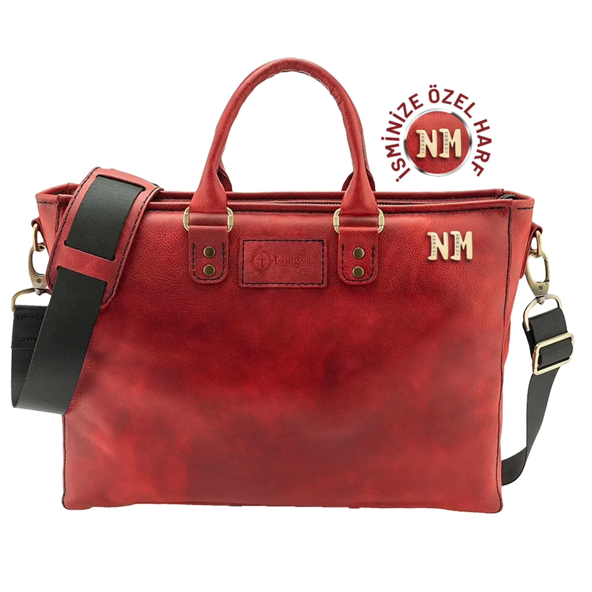 İsme Özel Günlük Kullanım El Omuz Evrak Laptop Çantası - %100 Deri - AC09004 - Kırmızı