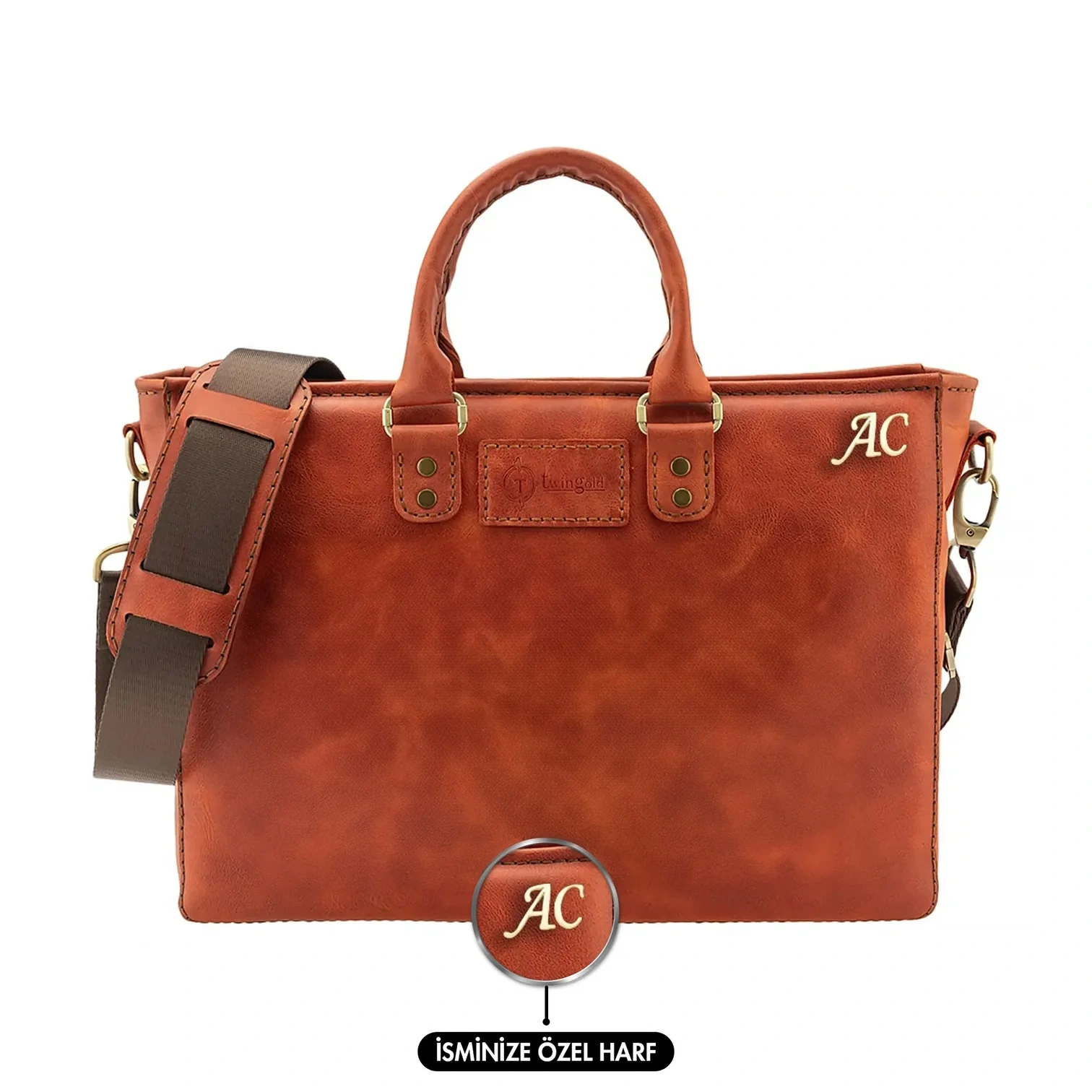 İsme Özel Günlük Kullanım El Omuz Evrak Laptop Çantası - %100 Deri - AC09004 - Tobacco