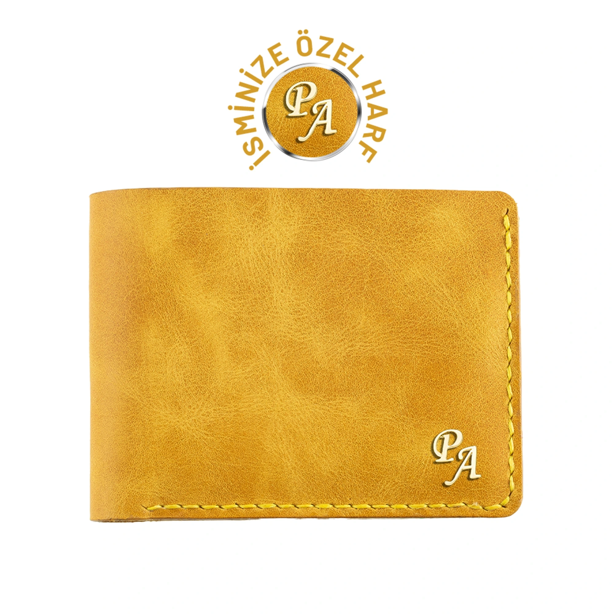İsme Özel Yatay Klasik Cüzdan - %100 Rainbow Deri - A010001 - Hardal Sarısı