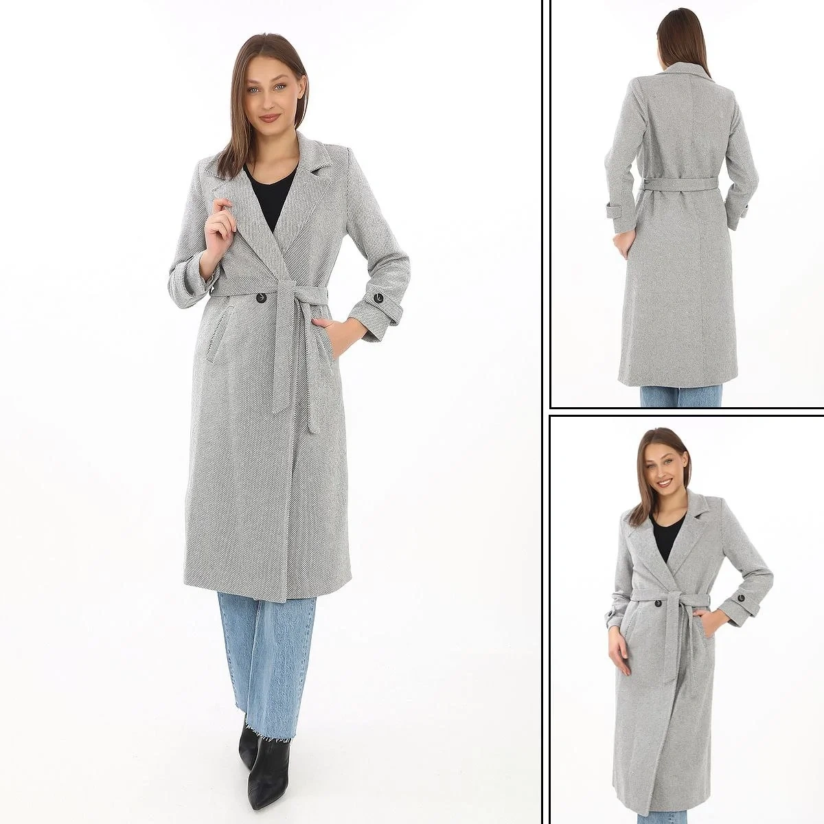 Kadın Balık Sırtı Kaşe Kaban – Uzun Boy Kruvaze Yaka Kuşaklı Astarlı Kışlık Tesettür Kaban, Yünlü Dokuma Kaşmir Kumaş, Cepli Rahat Oversize Kalıp Şık Modern Kaban Mont Modeli (Günlük ve Özel Gün Kombinlerine Uygun) - Gri