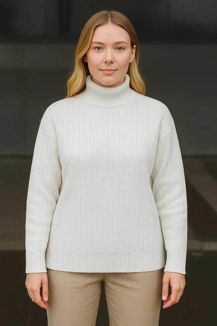 Kadın Balıkcı Yaka Bağazlı Triko Kazak Pamuklu Kalın Fitilli Dokuma - Beyaz