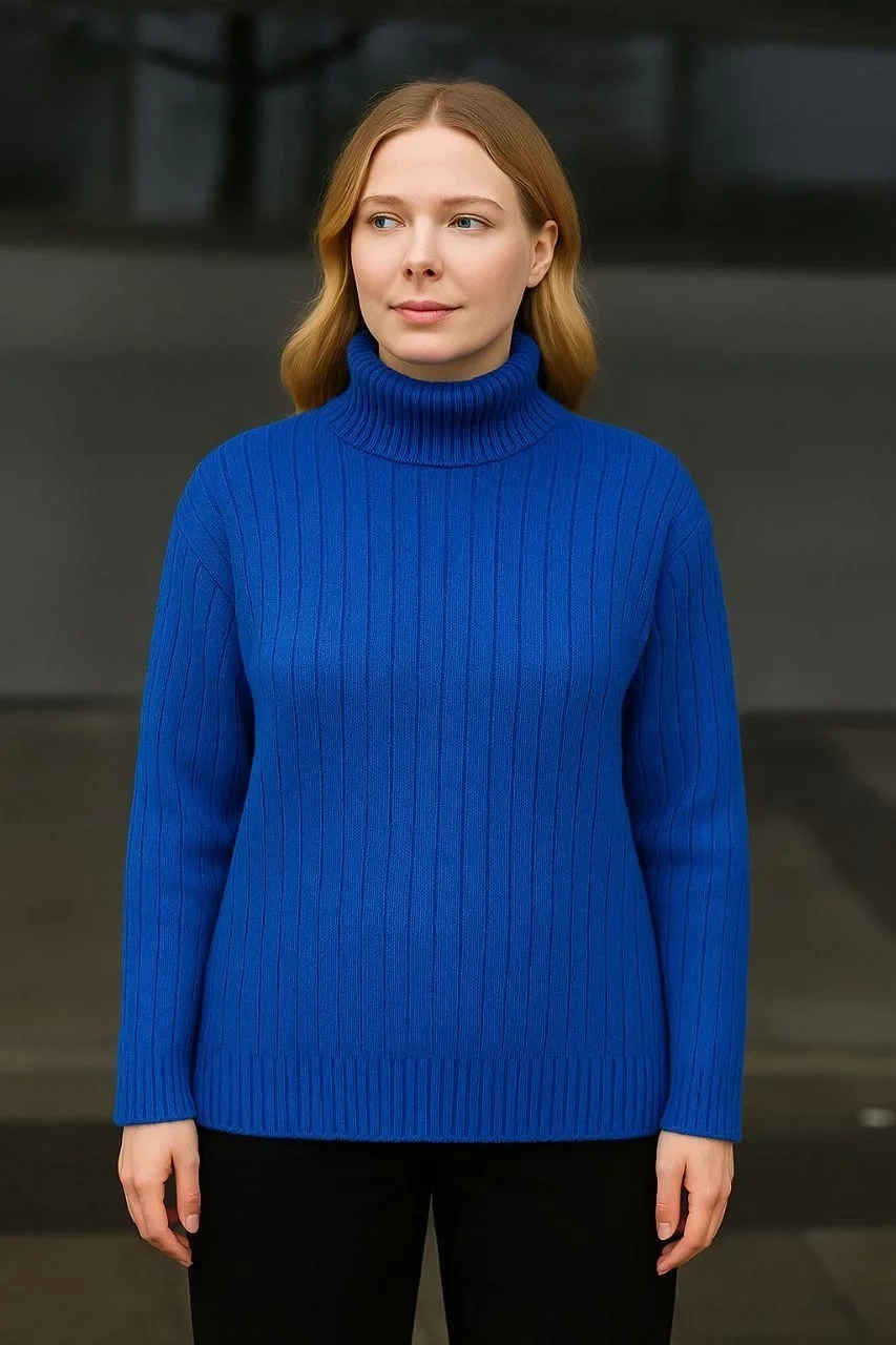Kadın Balıkcı Yaka Bağazlı Triko Kazak Pamuklu Kalın Fitilli Dokuma - Saks Mavisi