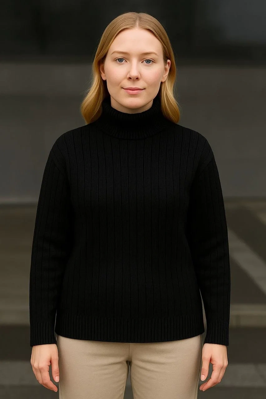 Kadın Balıkcı Yaka Bağazlı Triko Kazak Pamuklu Kalın Fitilli Dokuma - Siyah