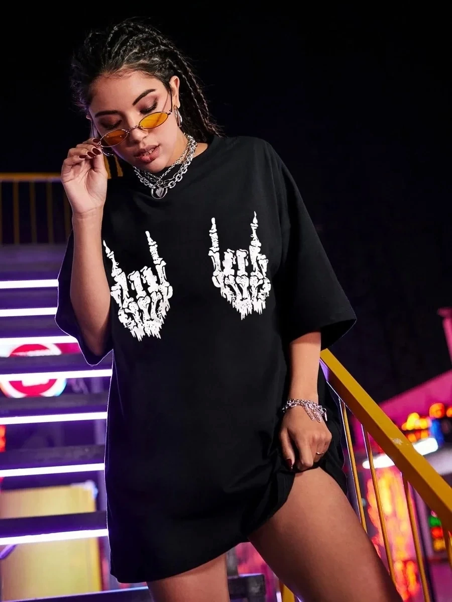 Kadın Baskılı Oversize T-shirt - Siyah