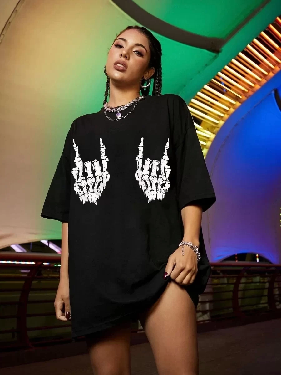 Kadın Baskılı Oversize T-shirt - Siyah