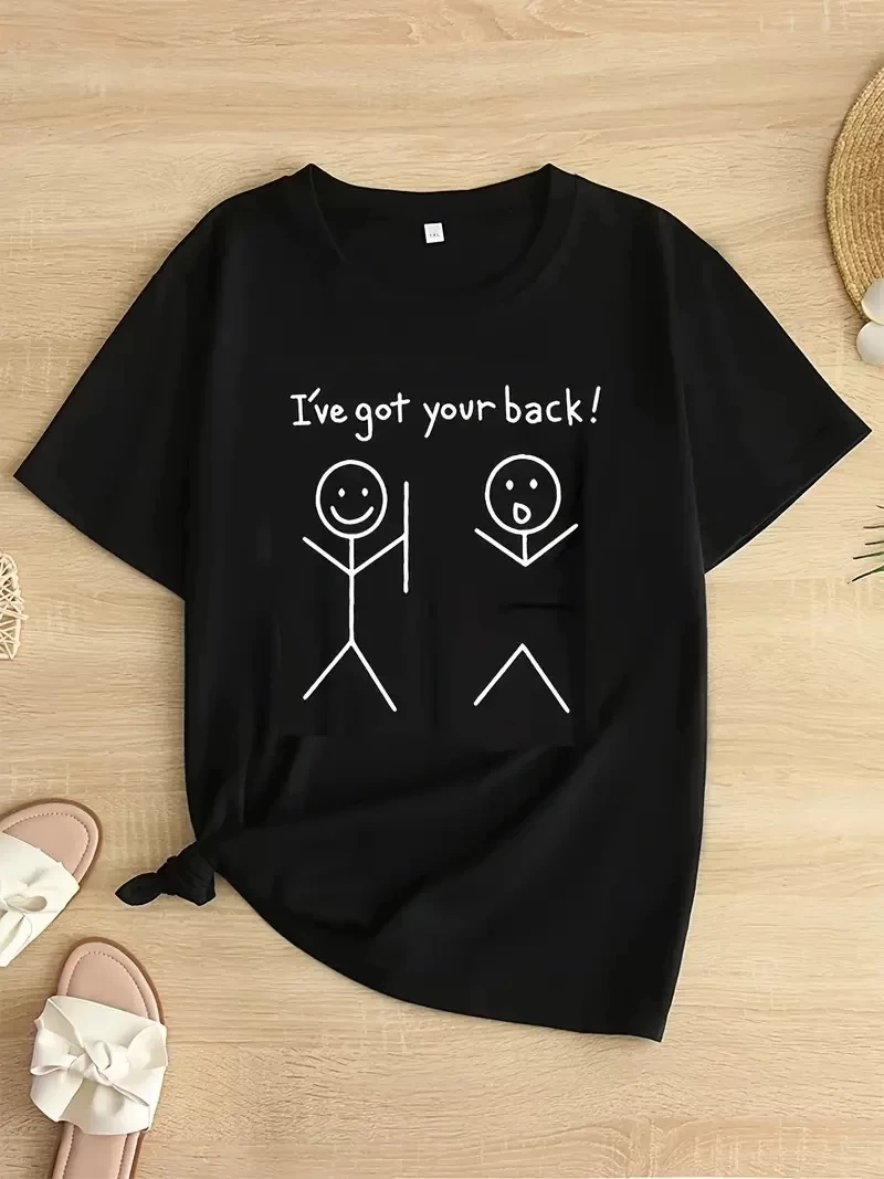 Kadın Beyaz Ive Got Your Back Grafik Tişört - Eğlenceli Çubuk Tasarımlı Oversize Günlük Kısa Kollu Tişört, Polyester Örgü, Yuvarlak Yaka, İlkbahar ve Yaz için Mükemmel, Günlük Giyim Tişört | Eğlenceli Tasarım | Polyester Kumaş- Siyah