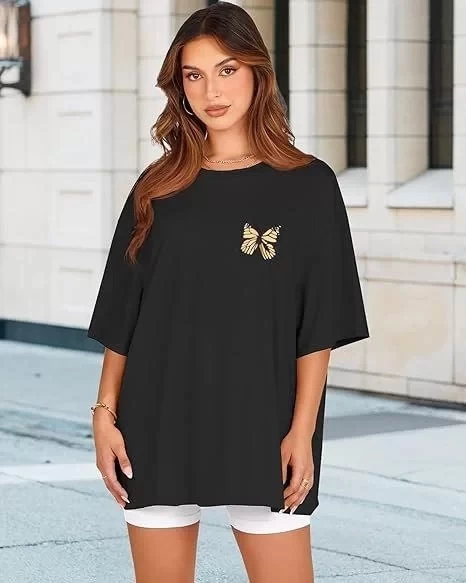 Kadın Bisiklet Yaka Baskılı T-shirt - Siyah