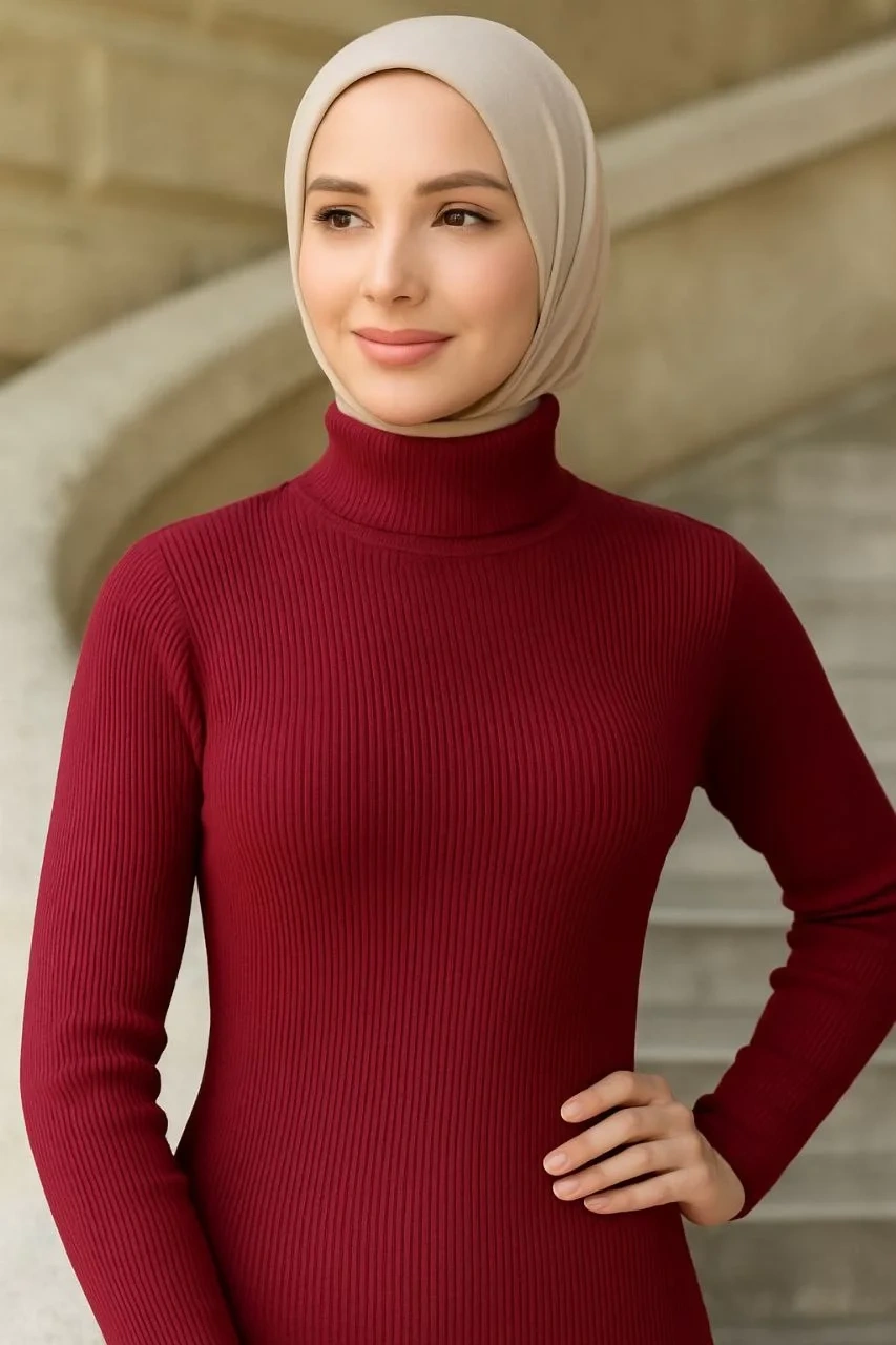Kadın Boğazlı Uzun Fitilli Tesettüre Uygun Triko Dokuma Elbise - Bordo