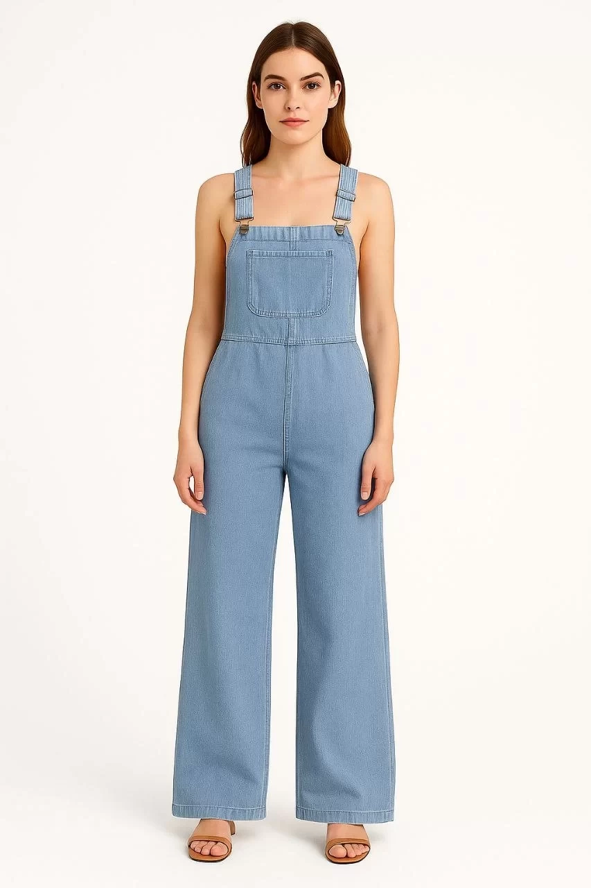 Kadın Chambray Açık Mavi Denim Görünümlü Geniş Paça Salopet Tulum - Mavi