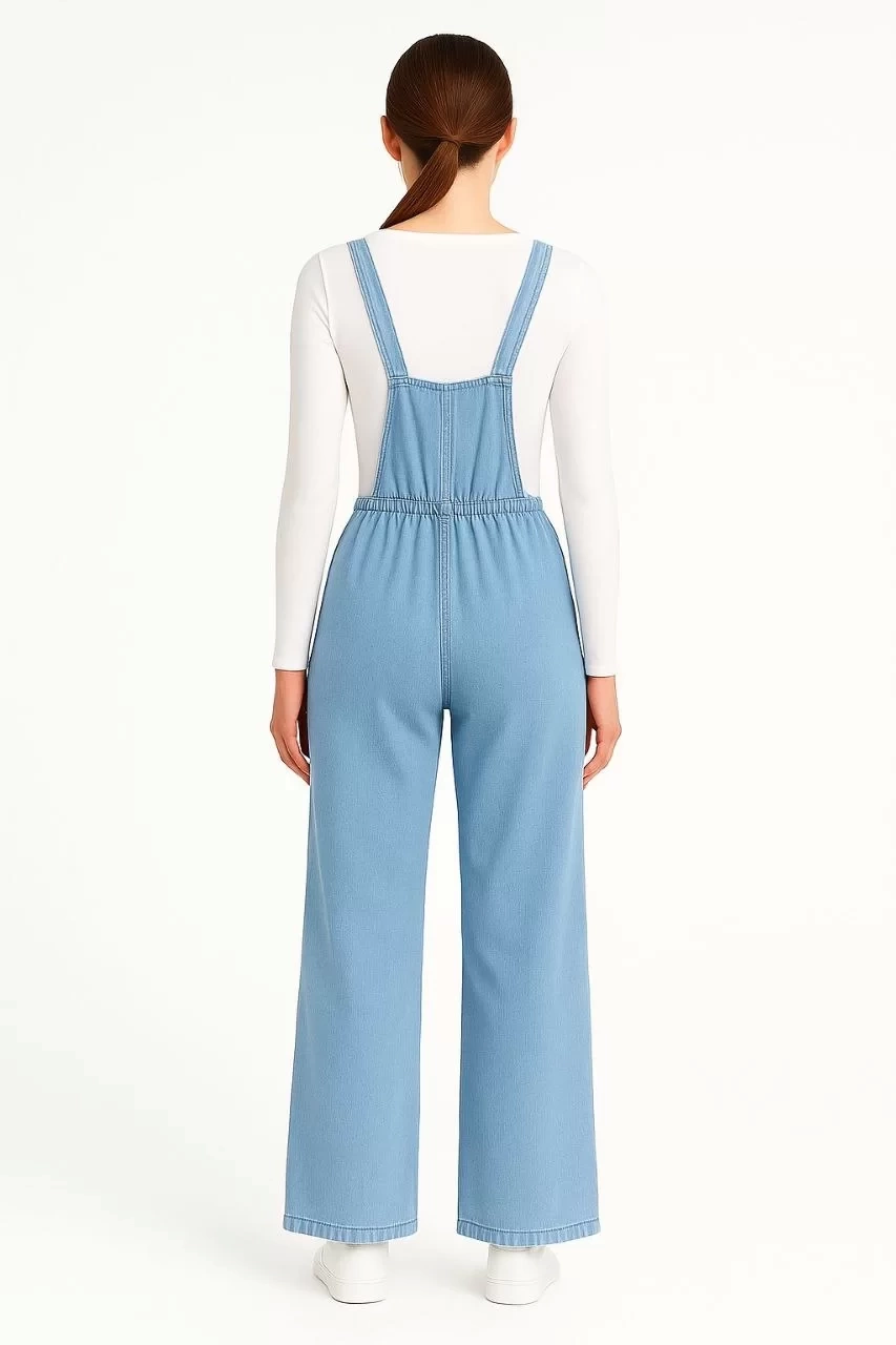 Kadın Chambray Açık Mavi Denim Görünümlü Geniş Paça Salopet Tulum - Mavi