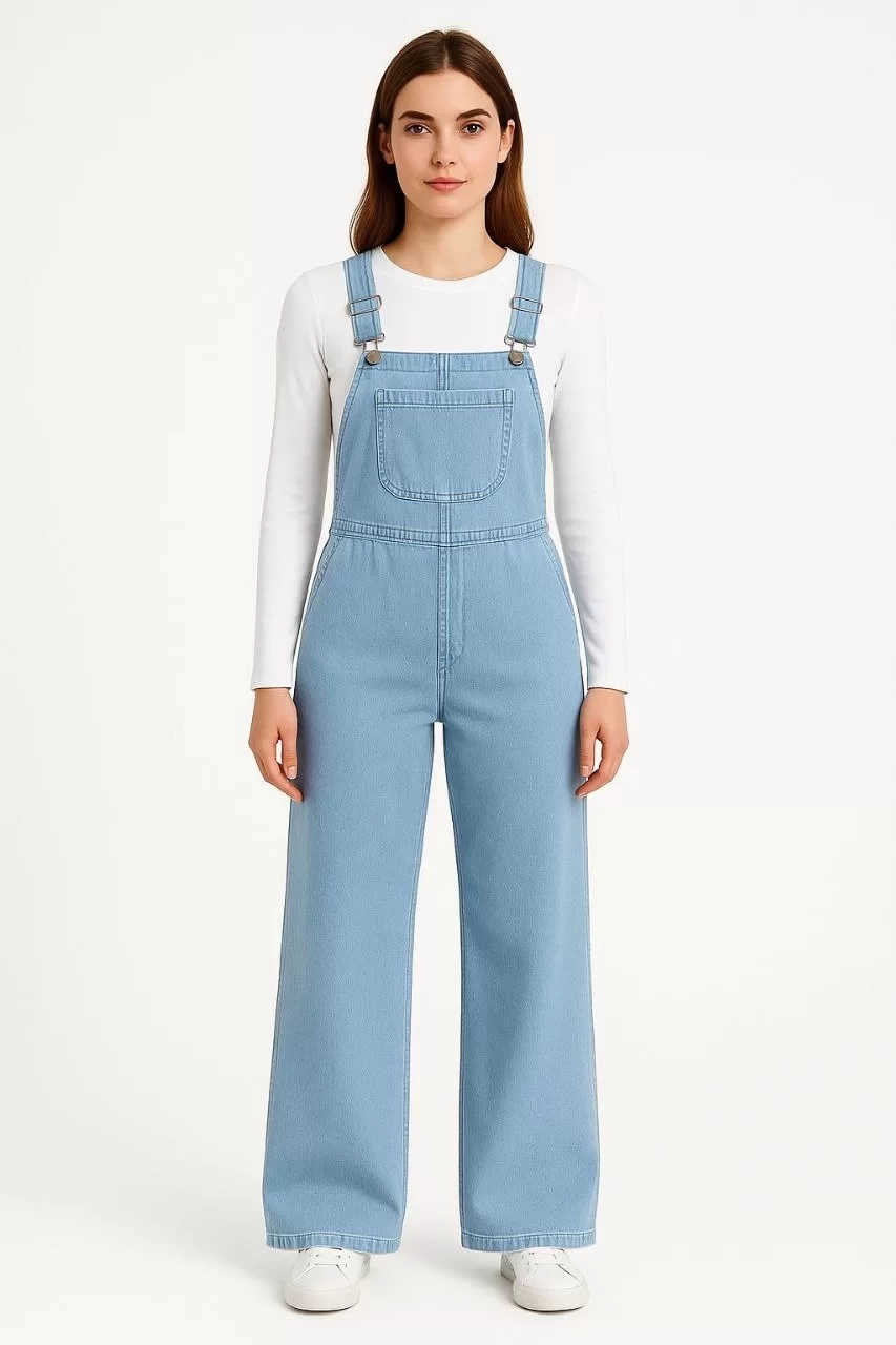 Kadın Chambray Açık Mavi Denim Görünümlü Geniş Paça Salopet Tulum - Mavi