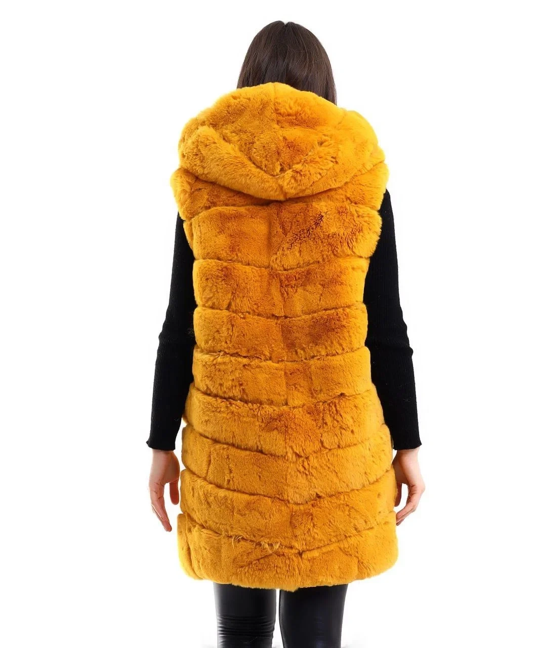 Kadın Kapşonlu Peluş Kürk Yelek Premium Kalite, Tam Astarlı, Uzun Model - Sarı