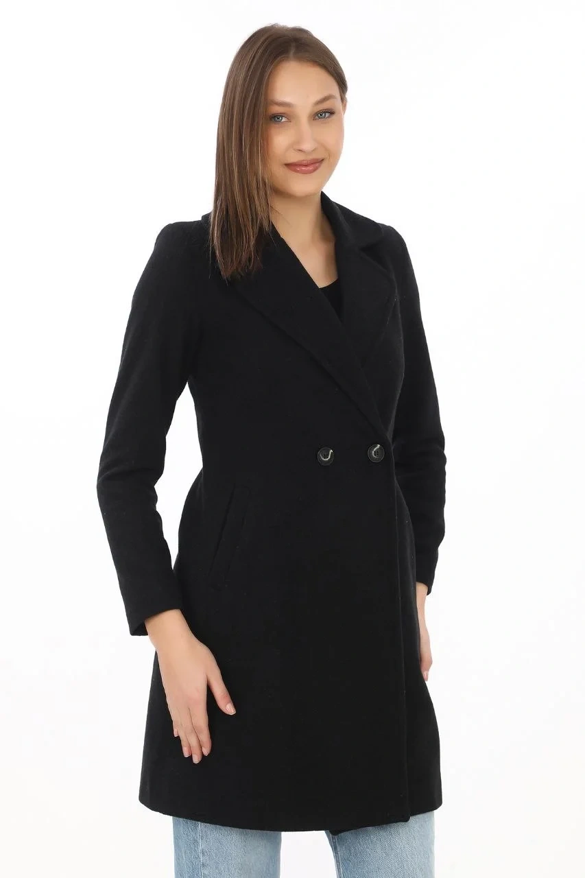 Kadın Kaşe Kaban – Siyah Yünlü Dokuma, Kruvaze Yaka, Astarlı, Cepli, Kuşaklı Uzun Boy Tesettür Uyumlu Kışlık Şık Kaban - Siyah