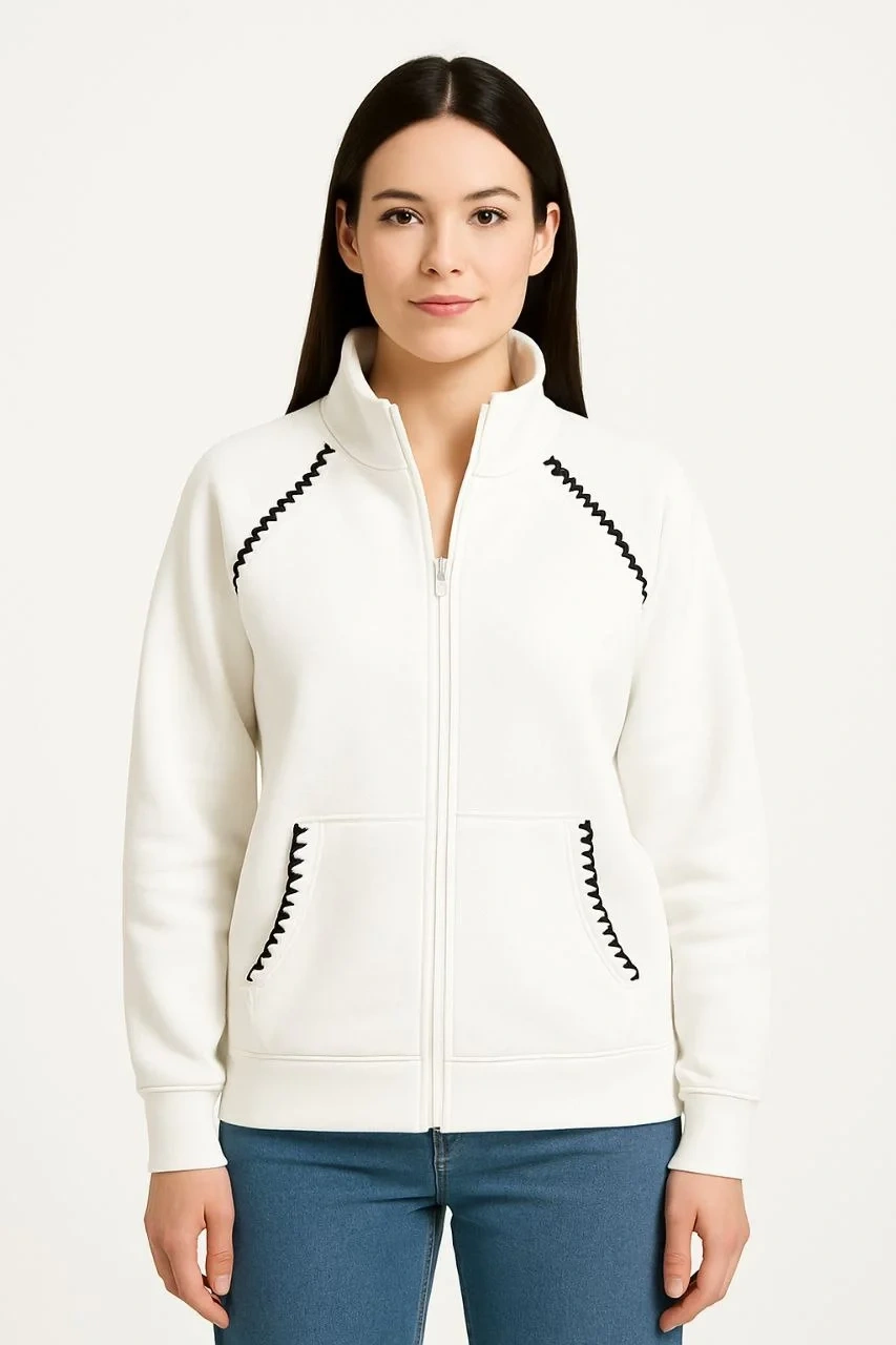 Kadın Oversize Dik Yaka Fermuarlı Sweatshirt - Zincir Nakışli Kanguru Cepli, - Beyaz