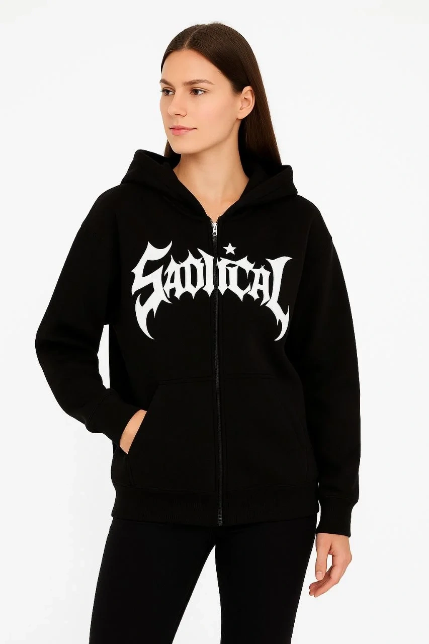 Kadın Kapüşonlu 3 İplik Şardonlu Önü Baskılı Fermuarlı Oversize Sweatshirt - Siyah