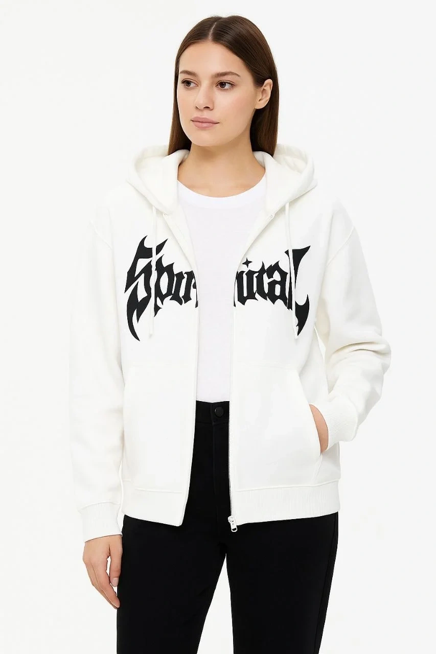 Kadın Kapüşonlu 3 İplik Şardonlu Önü Baskılı Fermuarlı Oversize Sweatshirt - Beyaz