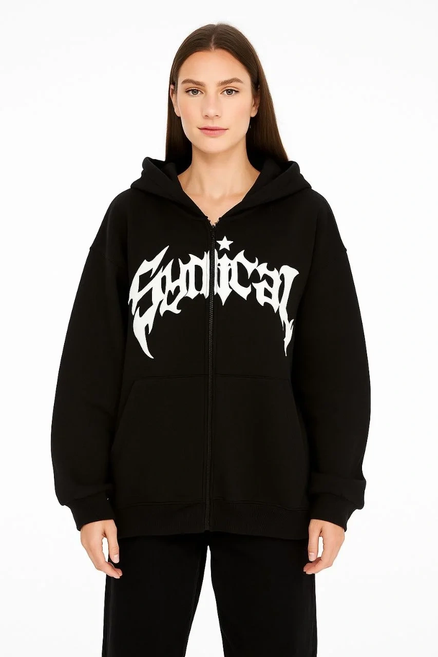 Kadın Kapüşonlu 3 İplik Şardonlu Önü Baskılı Fermuarlı Oversize Sweatshirt - Siyah