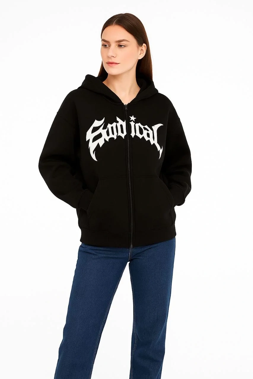 Kadın Kapüşonlu 3 İplik Şardonlu Önü Baskılı Fermuarlı Oversize Sweatshirt - Siyah