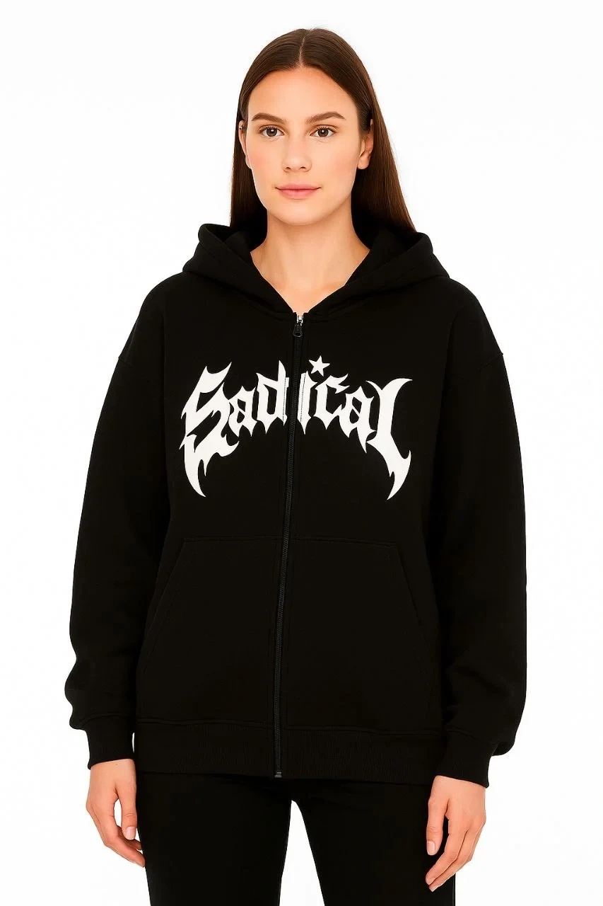 Kadın Kapüşonlu 3 İplik Şardonlu Önü Baskılı Fermuarlı Oversize Sweatshirt - Siyah