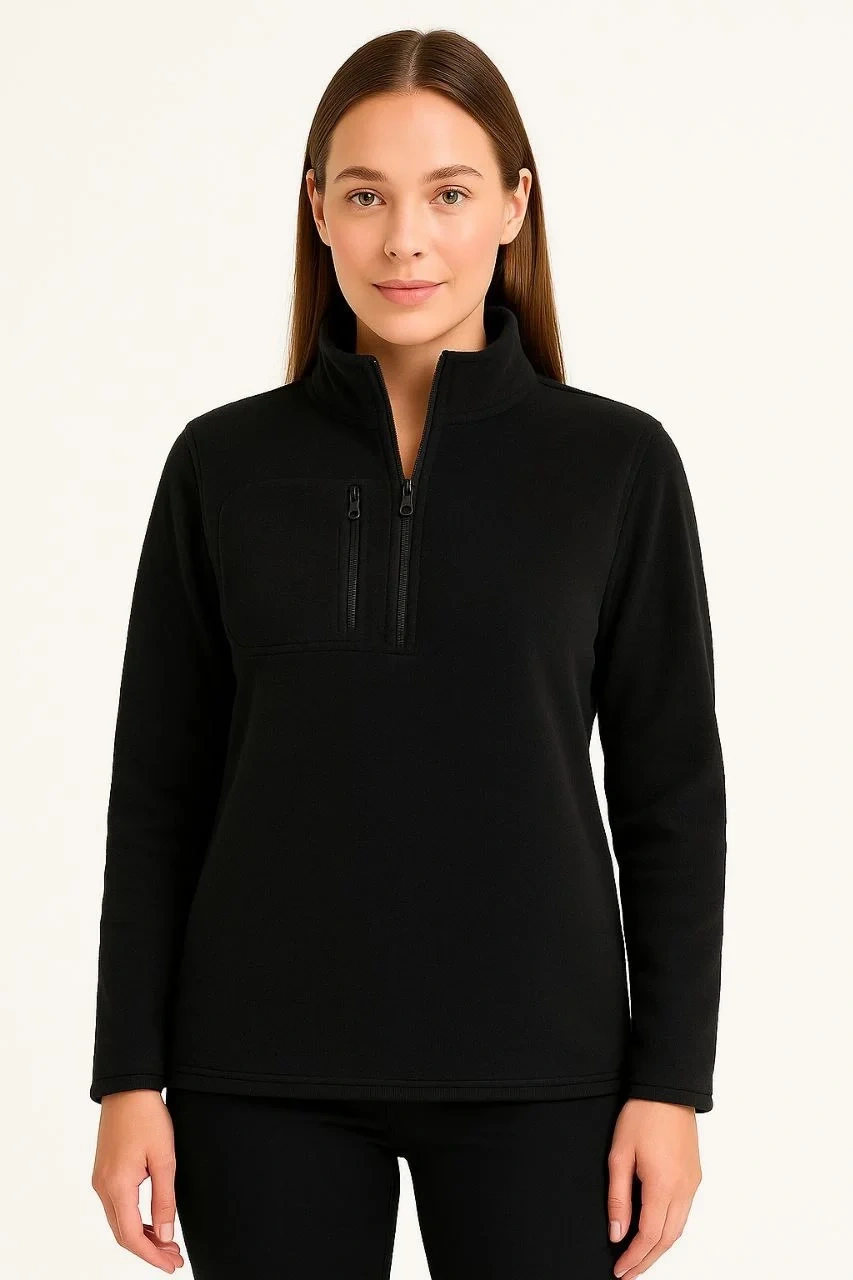 Kadın Polar Kazak – Dik Yaka, Yarım Fermuarlı, Fermuarlı Göğüs Cepli, Siyah Biyeli, Kışlık Rahat Regular Fit Günlük Model - Siyah