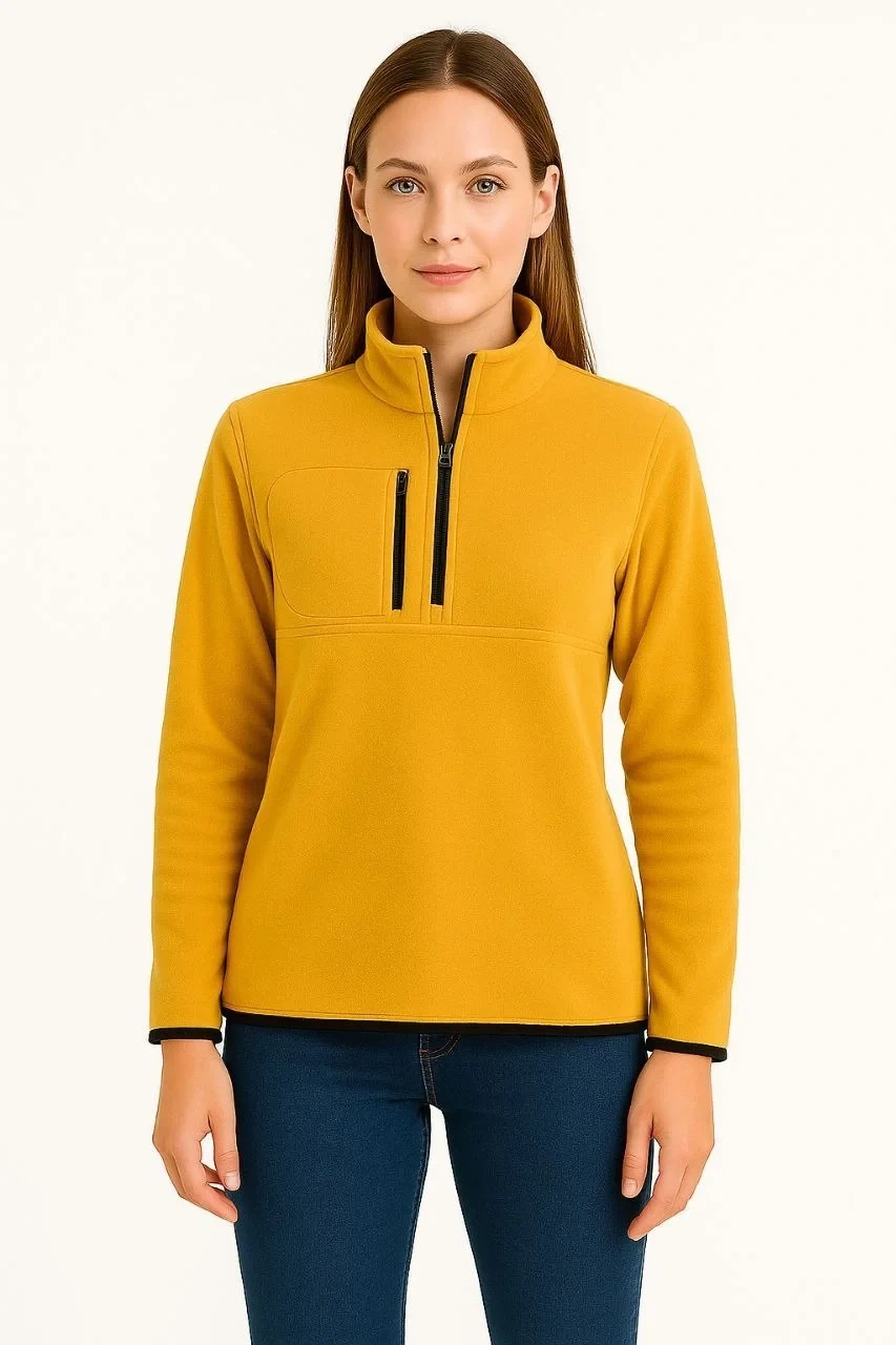 Kadın Polar Kazak – Dik Yaka, Yarım Fermuarlı, Fermuarlı Göğüs Cepli, Siyah Biyeli, Kışlık Rahat Regular Fit Günlük Model - Sarı