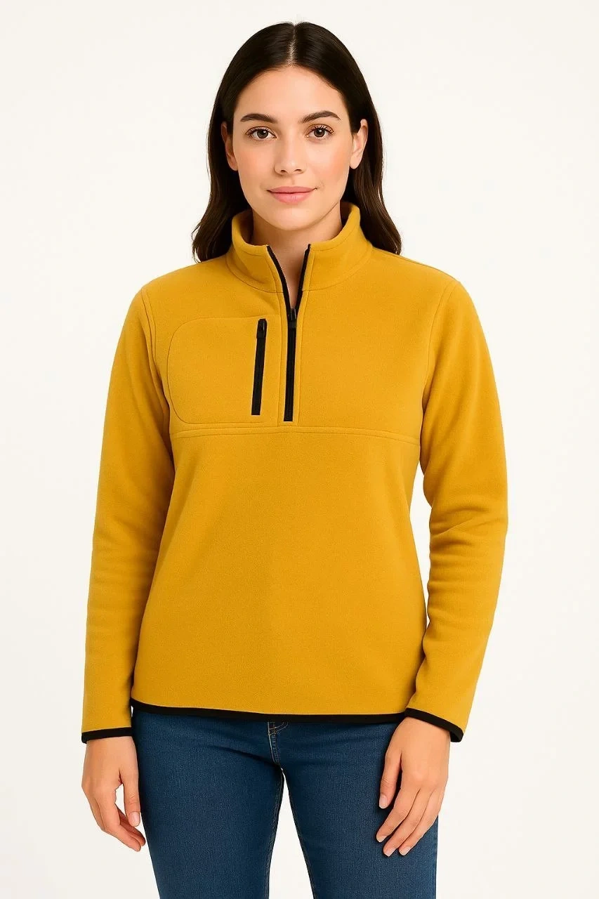 Kadın Polar Kazak – Dik Yaka, Yarım Fermuarlı, Fermuarlı Göğüs Cepli, Siyah Biyeli, Kışlık Rahat Regular Fit Günlük Model - Sarı