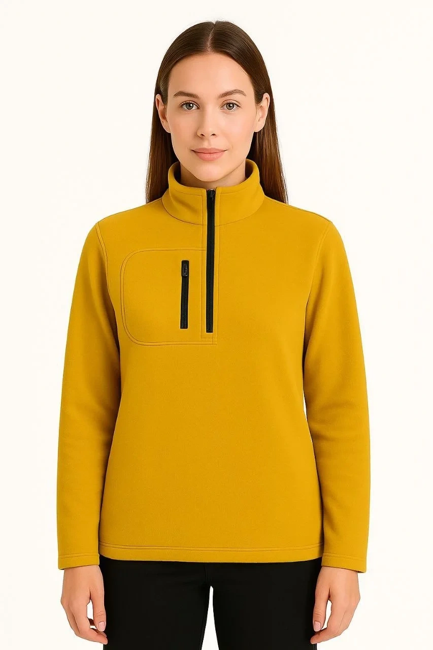 Kadın Polar Kazak – Dik Yaka, Yarım Fermuarlı, Fermuarlı Göğüs Cepli, Siyah Biyeli, Kışlık Rahat Regular Fit Günlük Model - Sarı