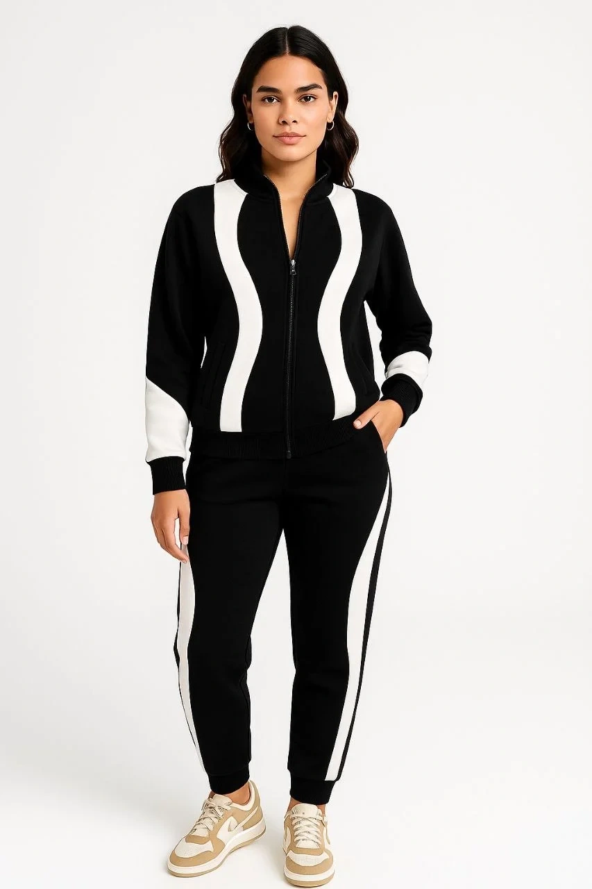Kadın Premium Parçalı Eşofman Takım - Dik Yaka Fermuarlı Sweatshirt - Siyah