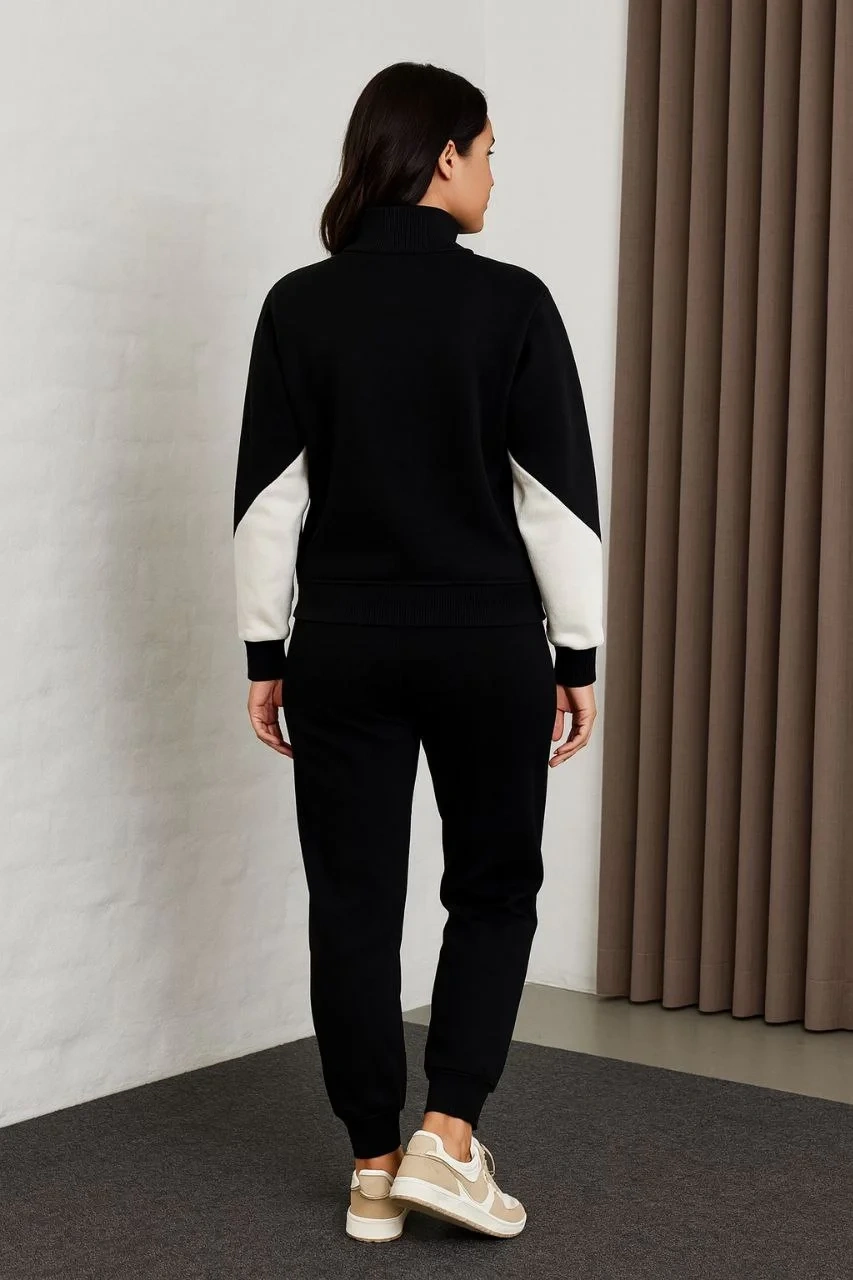 Kadın Premium Parçalı Eşofman Takım - Dik Yaka Fermuarlı Sweatshirt - Siyah