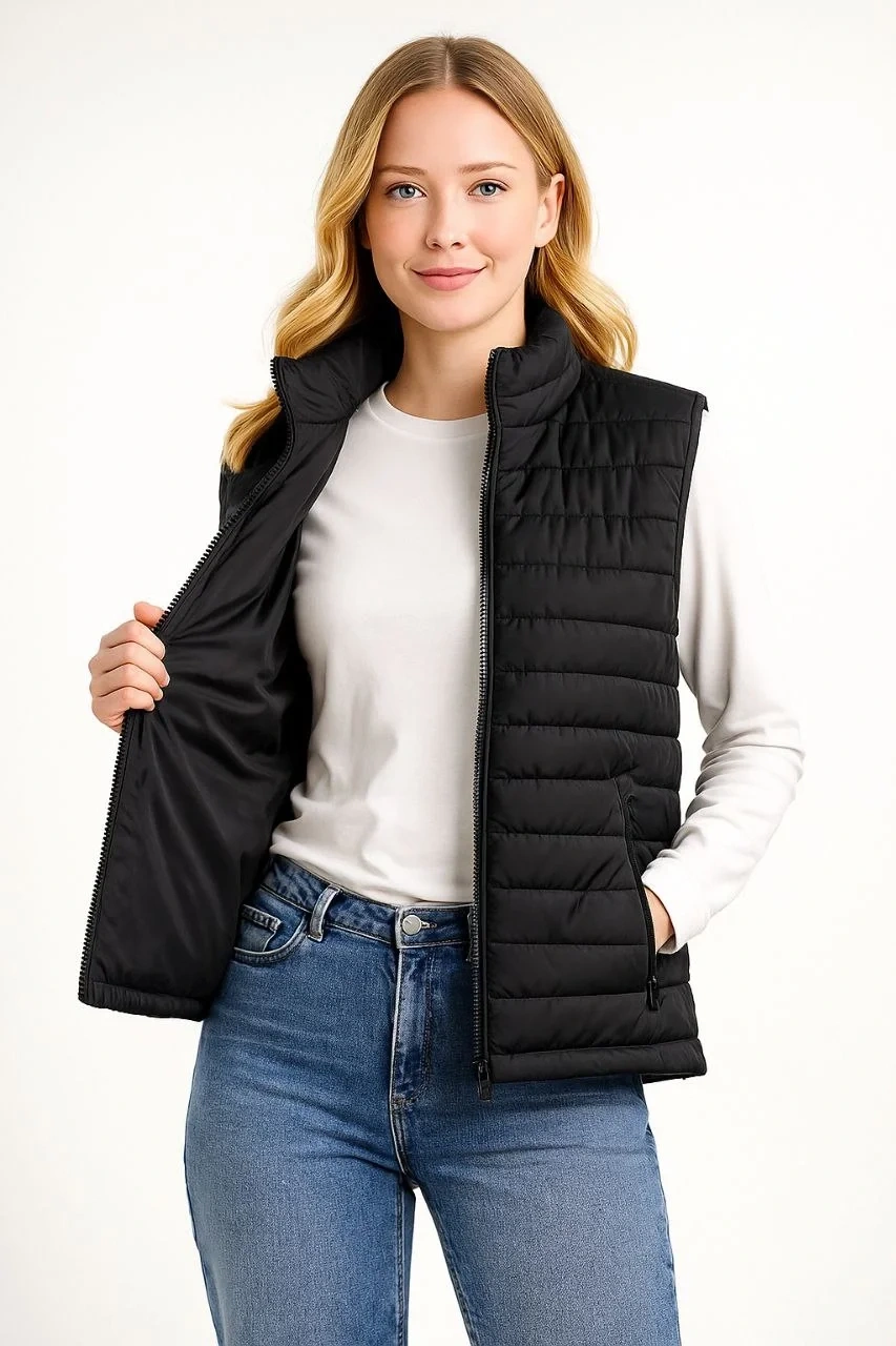 Kadın Şişme Fermuarlı Yelek Su itici Kapitone Astarlı Kumaş Cepli Hafif Kışlık Spor Rahat Kalıp - Siyah