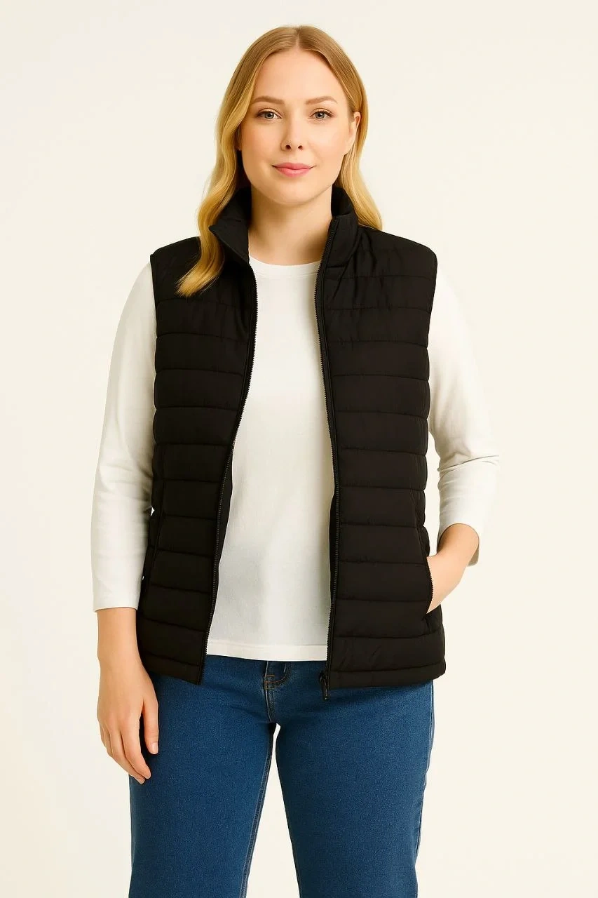 Kadın Şişme Fermuarlı Yelek Su itici Kapitone Astarlı Kumaş Cepli Hafif Kışlık Spor Rahat Kalıp - Siyah