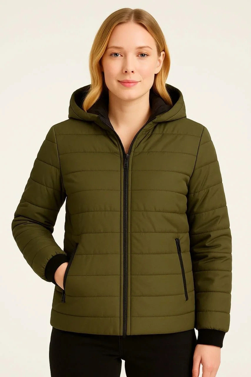 Kadın Şişme Kapüşonlu Fermuarlı Mont Su itici Kapitone Astarlı Kumaş Cepli Kışlık Rahat Kalıp - Haki