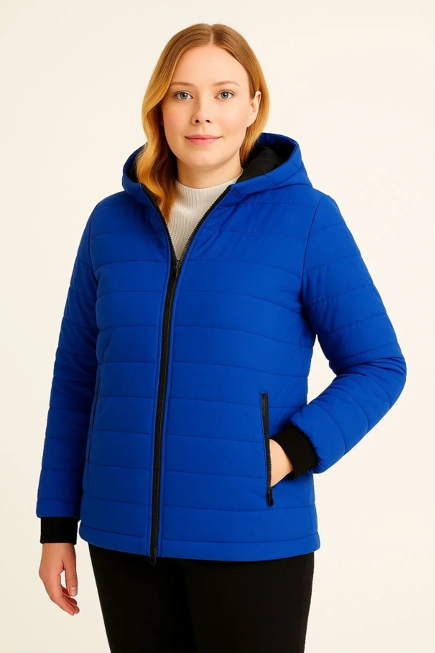 Kadın Şişme Kapüşonlu Fermuarlı Mont Su itici Kapitone Astarlı Kumaş Cepli Kışlık Rahat Kalıp  - Saks Mavisi