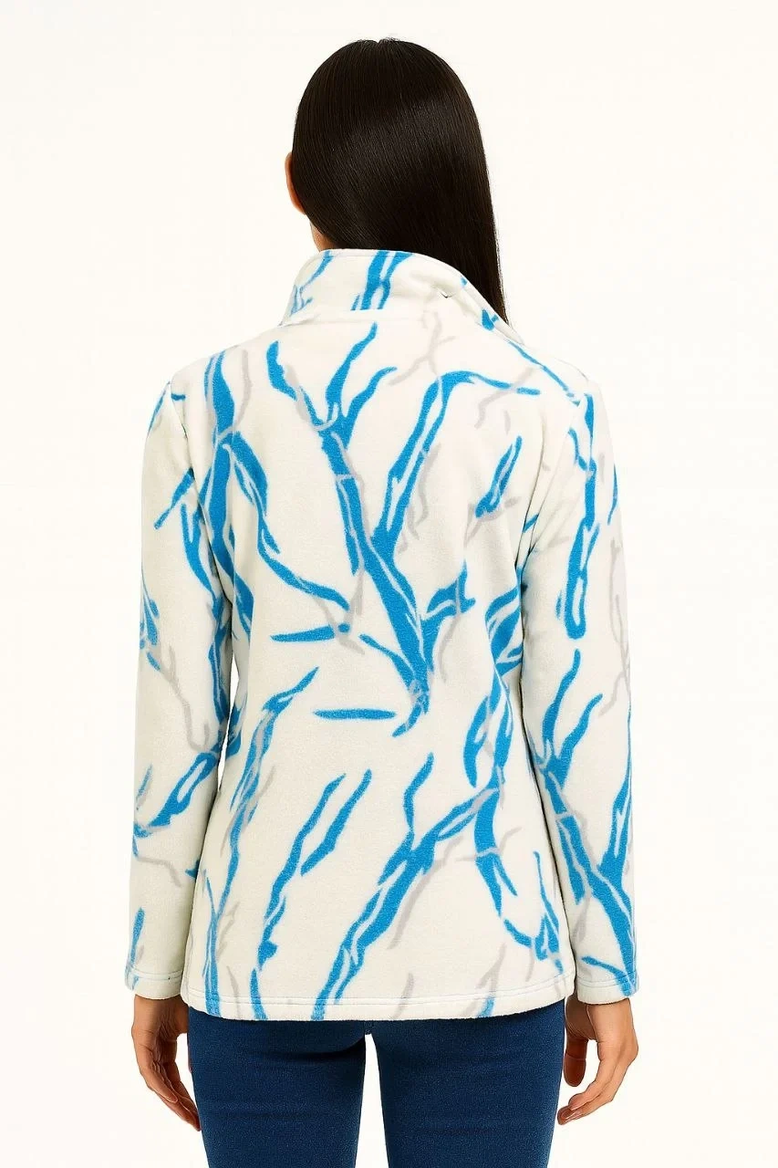 Kadın Tam Fermuarlı Desenli Polar Sweat Lightning Desen Yakalı, Uzun Kollu, Oversize Rahat Kalıp - Beyaz