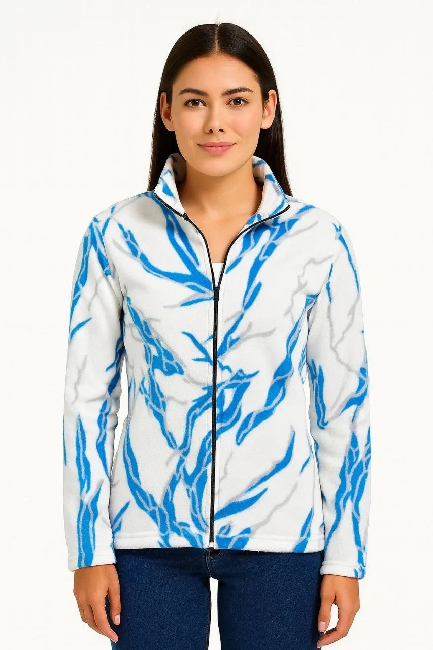 Kadın Tam Fermuarlı Desenli Polar Sweat Lightning Desen Yakalı, Uzun Kollu, Oversize Rahat Kalıp - Beyaz