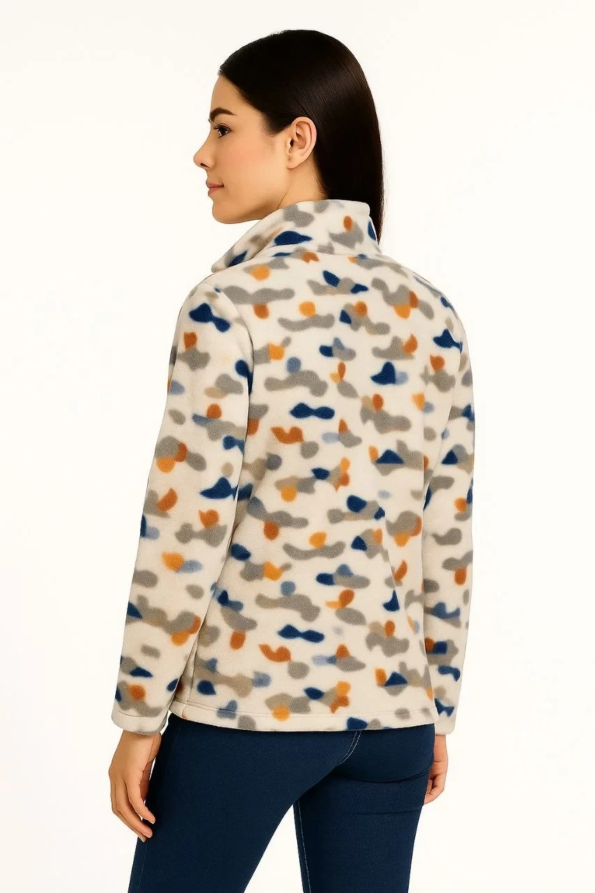 Kadın Tam Fermuarlı Desenli Polar Sweat – Siyah Multicolor Figür Desen Yakalı, Uzun Kollu, Oversize Rahat Kalıp - Beyaz