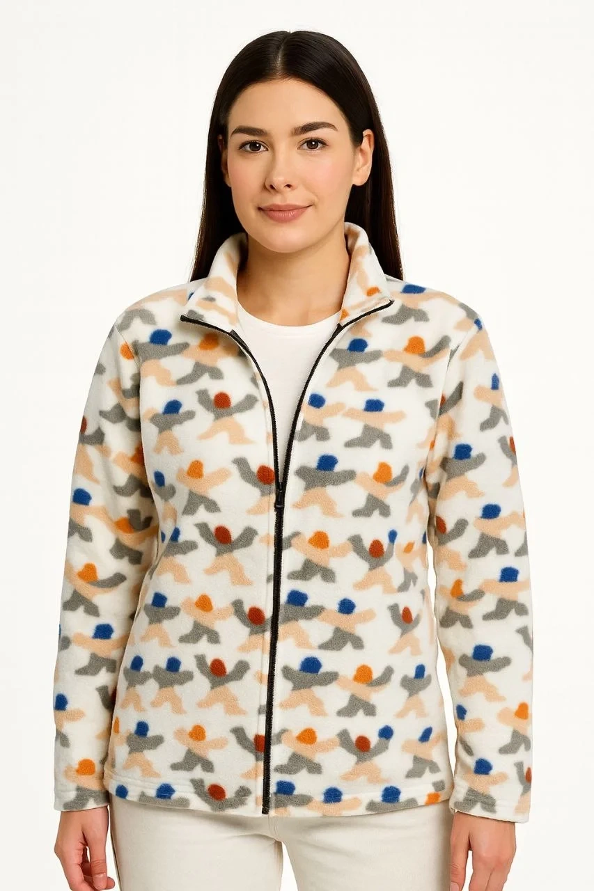 Kadın Tam Fermuarlı Desenli Polar Sweat – Siyah Multicolor Figür Desen Yakalı, Uzun Kollu, Oversize Rahat Kalıp - Beyaz