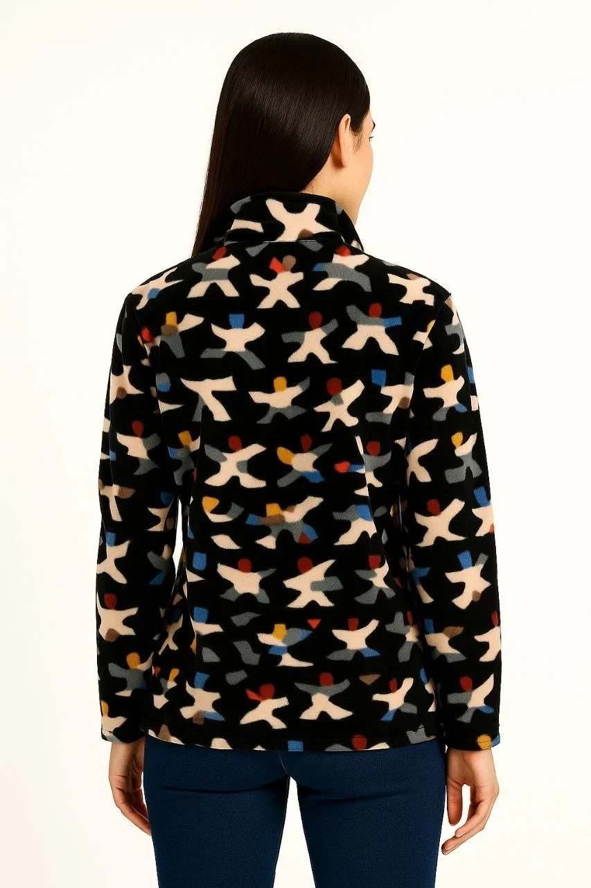 Kadın Tam Fermuarlı Desenli Polar Sweat – Siyah Multicolor Figür Desen Yakalı, Uzun Kollu, Oversize Rahat Kalıp - Siyah