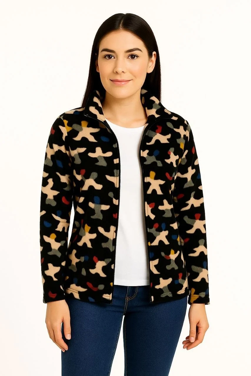 Kadın Tam Fermuarlı Desenli Polar Sweat – Siyah Multicolor Figür Desen Yakalı, Uzun Kollu, Oversize Rahat Kalıp - Siyah