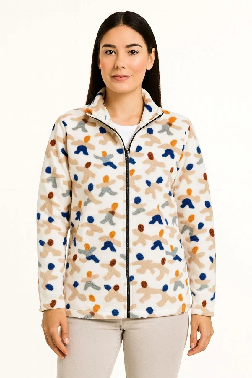 Kadın Tam Fermuarlı Desenli Polar Sweat – Siyah Multicolor Figür Desen Yakalı, Uzun Kollu, Oversize Rahat Kalıp - Beyaz