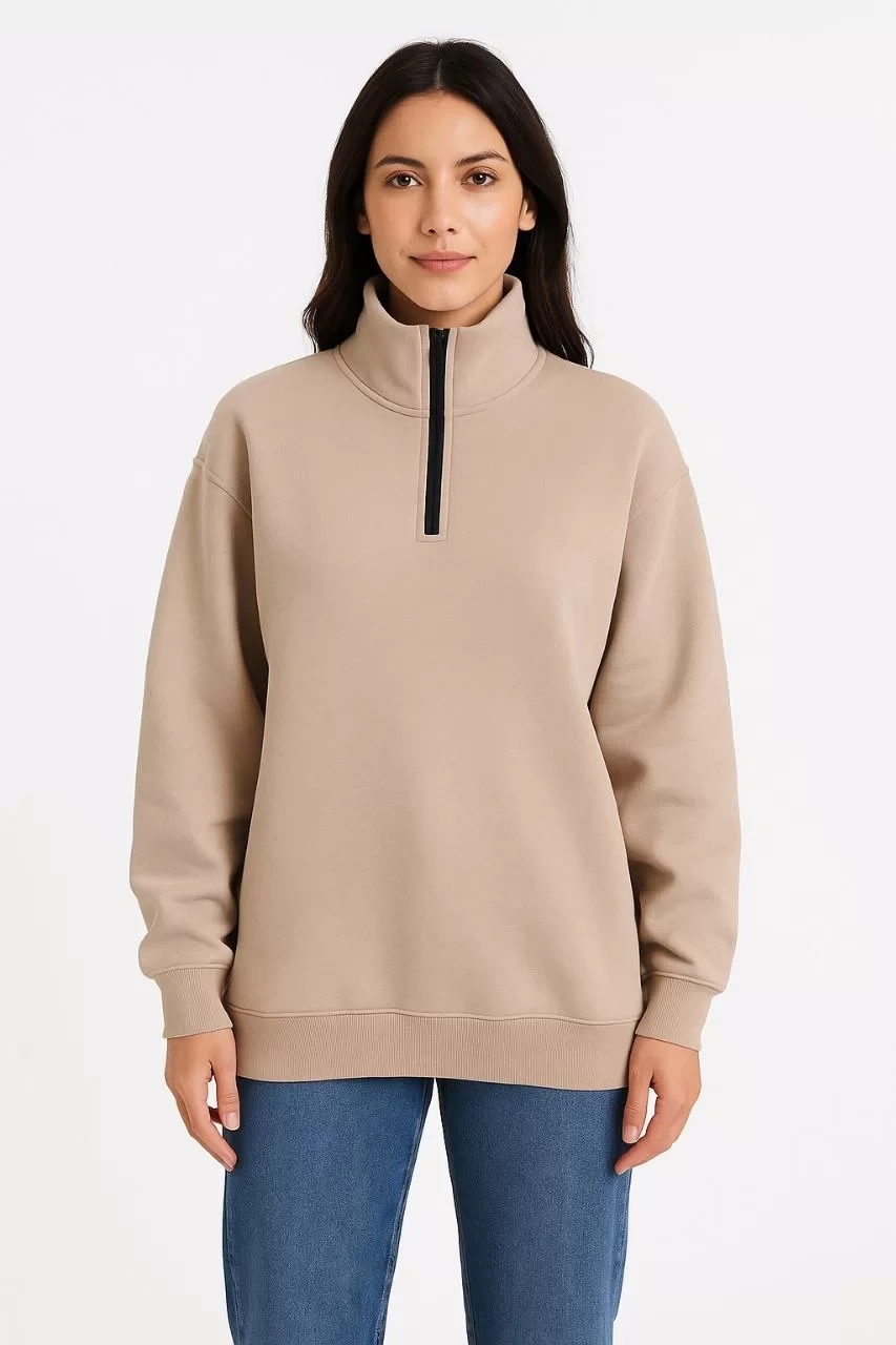 Kadın Üç İplik Dık Yaka Yarım Fermuarlı SweatShirt - Bej