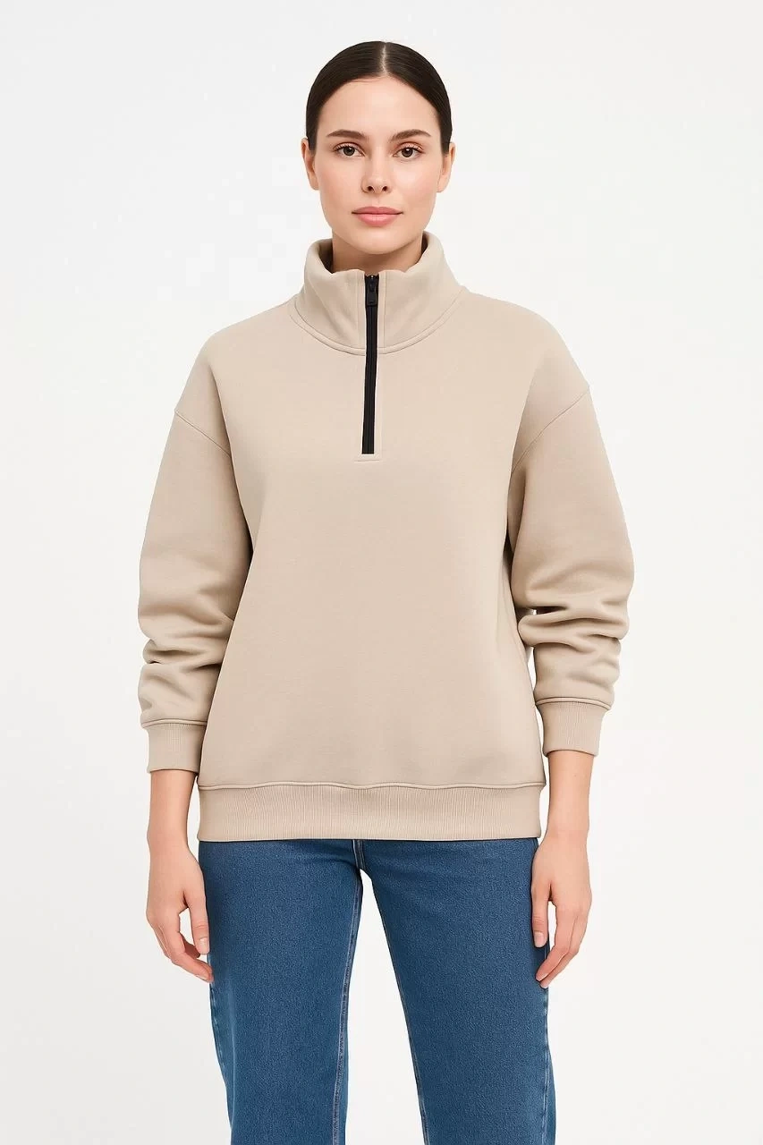 Kadın Üç İplik Dık Yaka Yarım Fermuarlı SweatShirt - Bej
